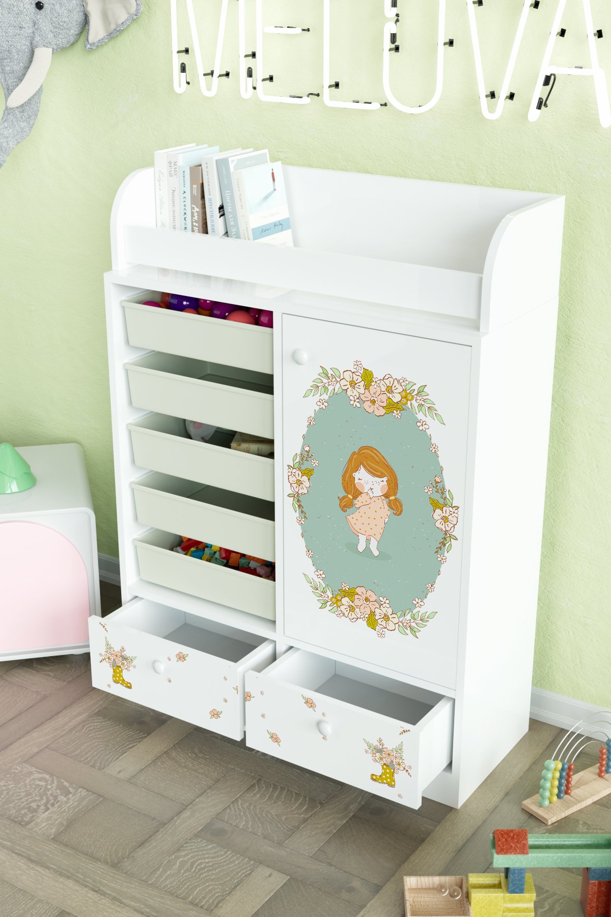 Adorable Design "Melova" 5 Sepetli 2 Çekmeceli Çok Amaçlı Oyuncak Dolabı