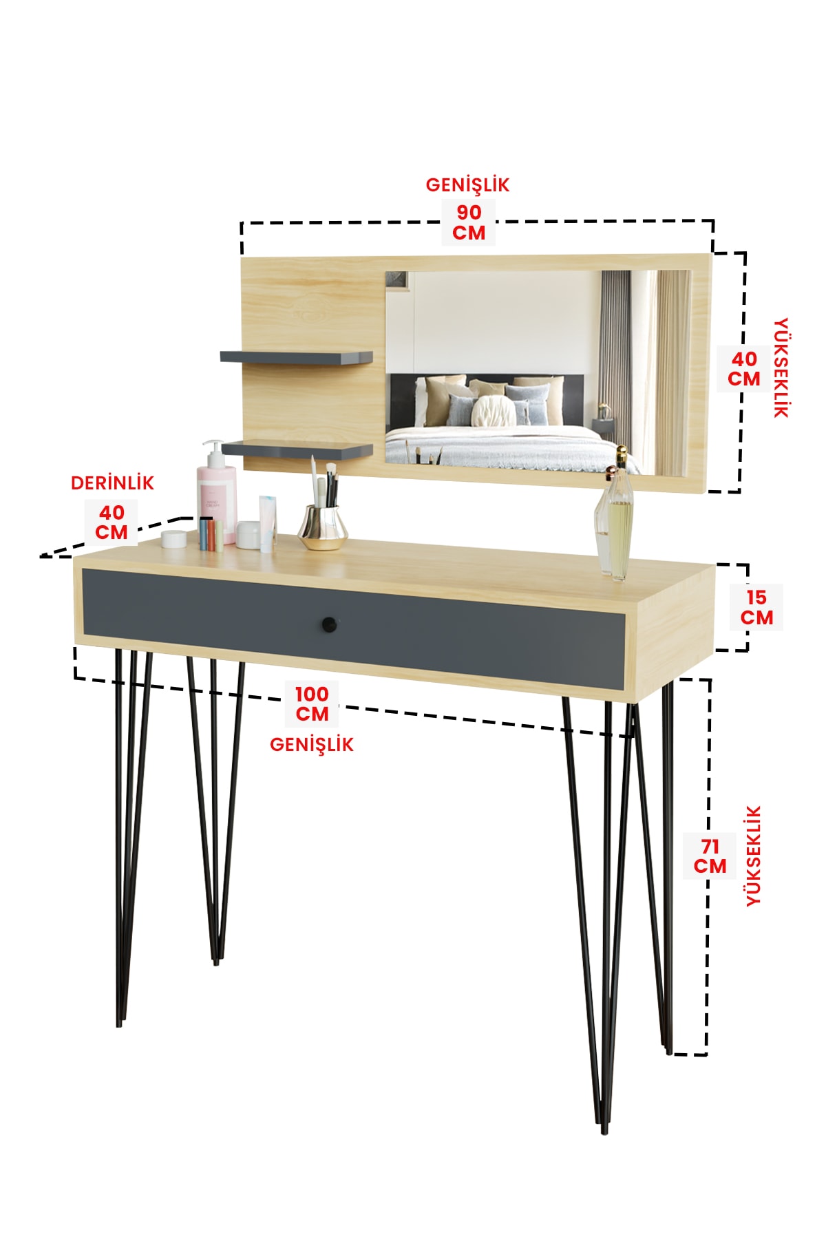 Aynalı ve Çekmeceli "Angela Makyaj Masası" Takı Organizer Masası
