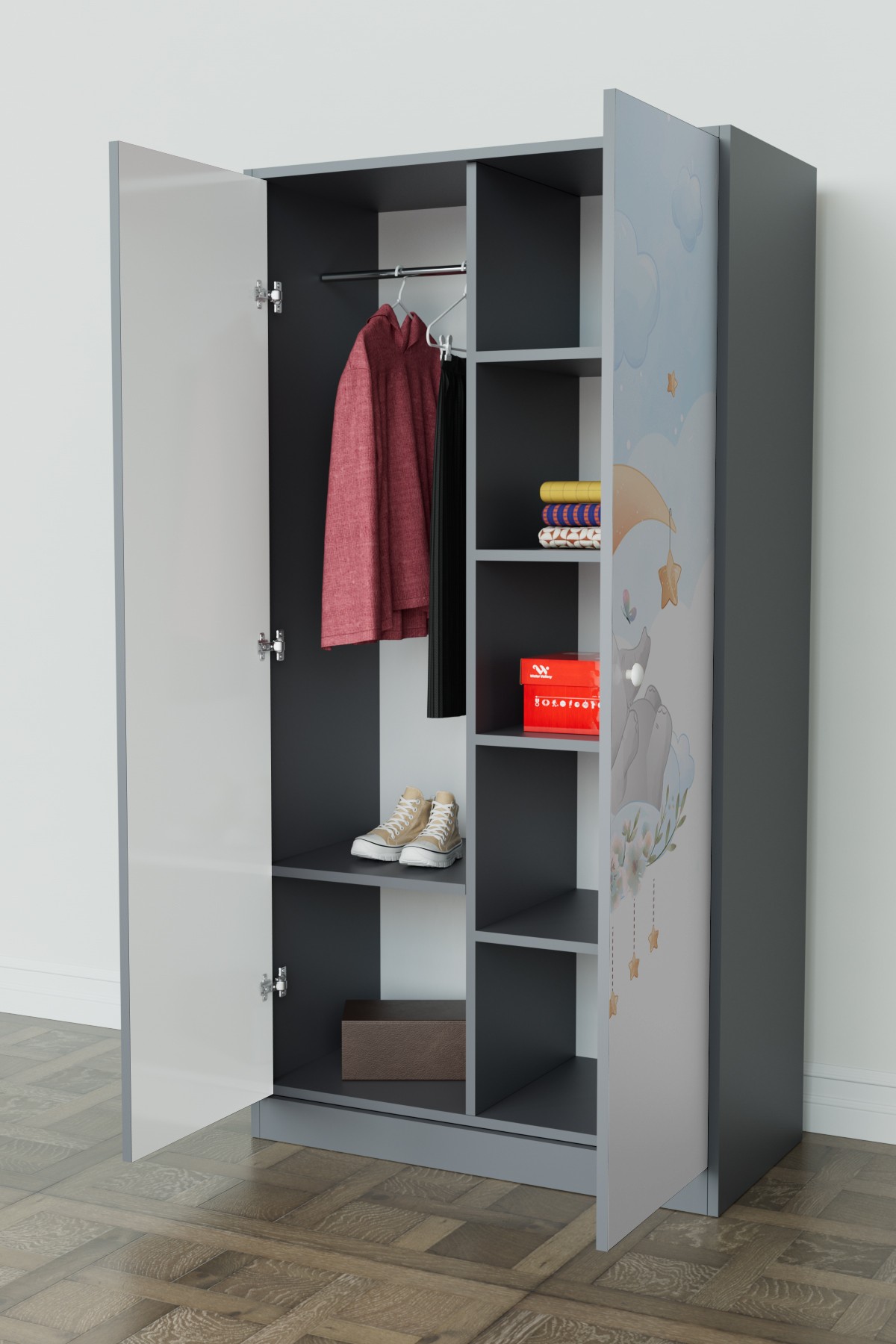Minik Rüyacı Design "Calista" Gardırop 5 Raflı Askılı Çocuk Odasi Elbise Dolabı