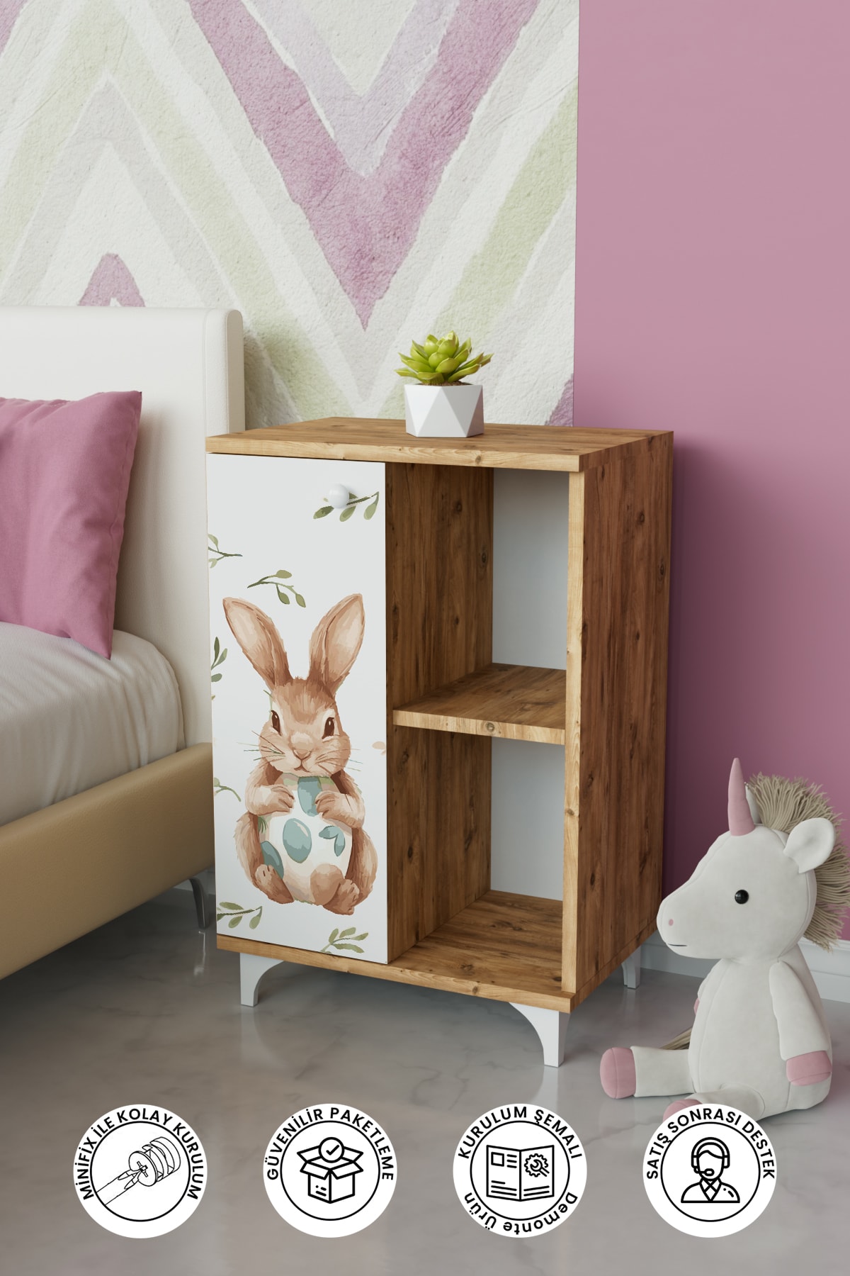 2 Raflı tek kapak Pretty Rabit Çocuk Odası Çok Amaçlı Dolabı