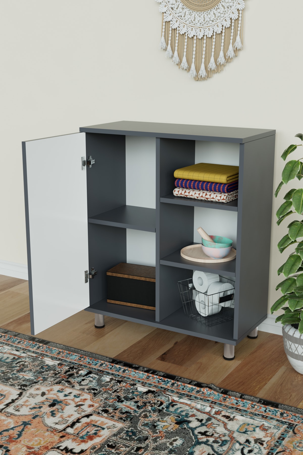 3 Raflı Tek Kapak Floral Çok Amaçlı Dolabı Mutfak Ofis Banyo Balkon Salon Dolabı