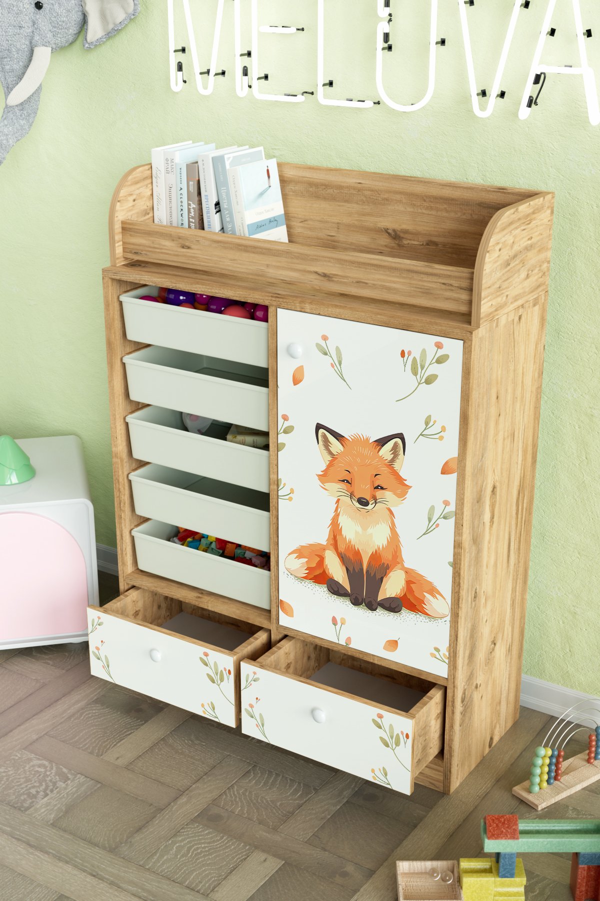 Foxie Design "Melova" 5 Sepetli 2 Çekmeceli Çok Amaçlı Oyuncak Dolabı
