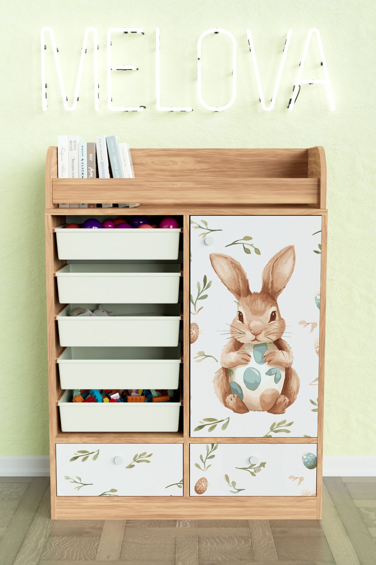 Pretty Rabit Design "Melova" 5 Sepetli 2 Çekmeceli Çok Amaçlı Oyuncak Dolabı