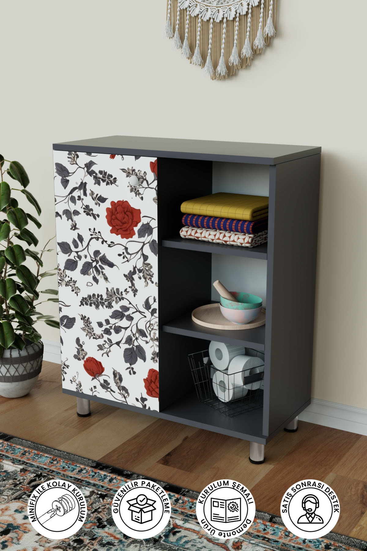 3 Raflı Tek Kapak Floral Çok Amaçlı Dolabı Mutfak Ofis Banyo Balkon Salon Dolabı