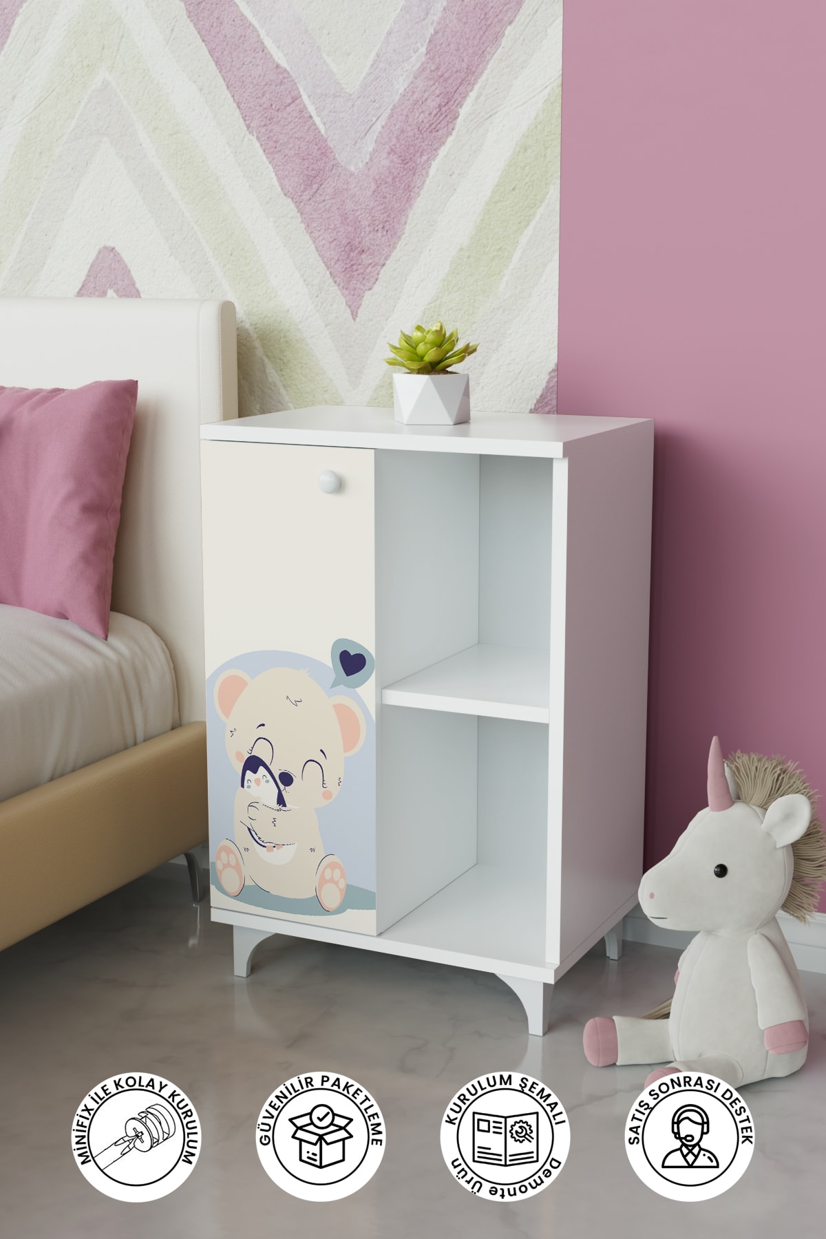 2 Raflı tek kapak Fluffy Friend Çocuk Odası Çok Amaçlı Dolabı