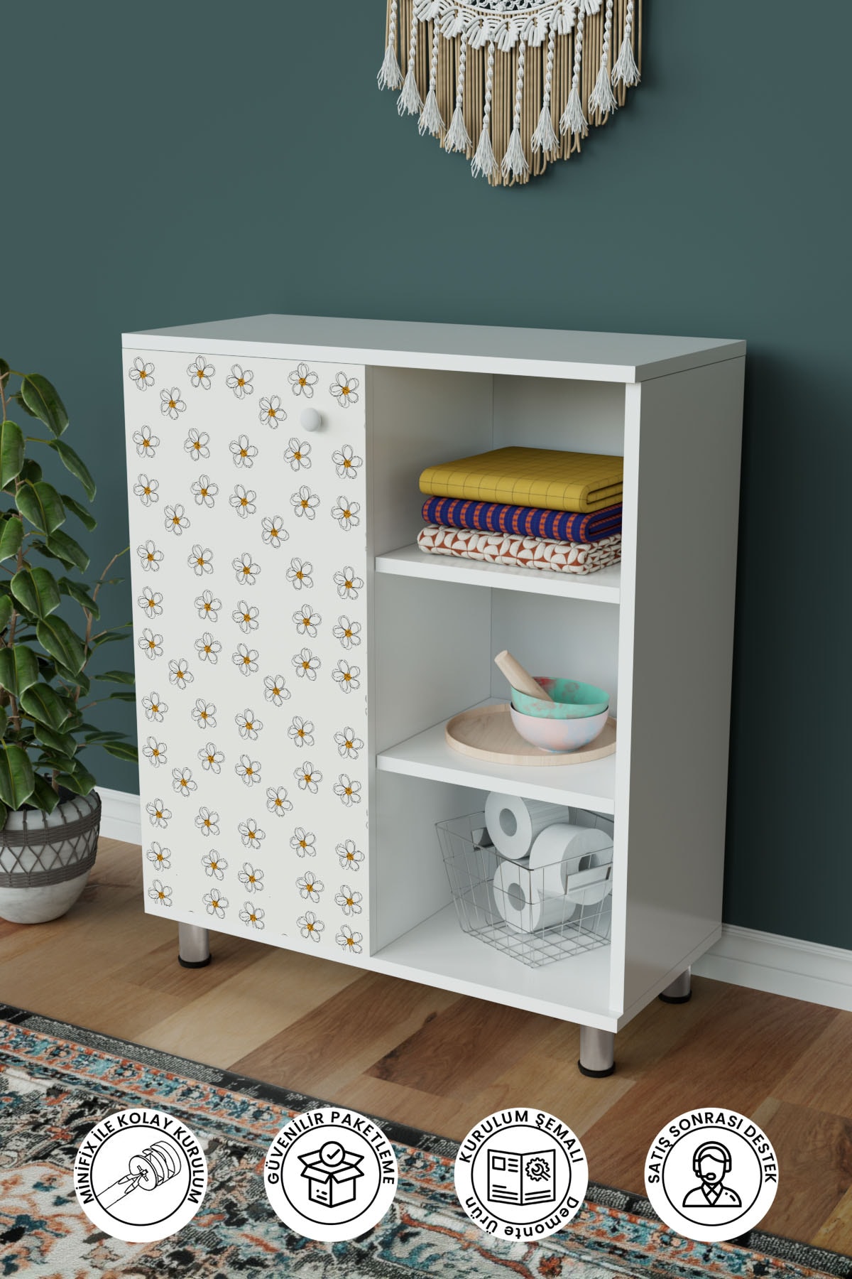 3 Raflı Tek Kapak Daisies Çok Amaçlı Dolabı Mutfak Ofis Banyo Balkon Salon Dolabı