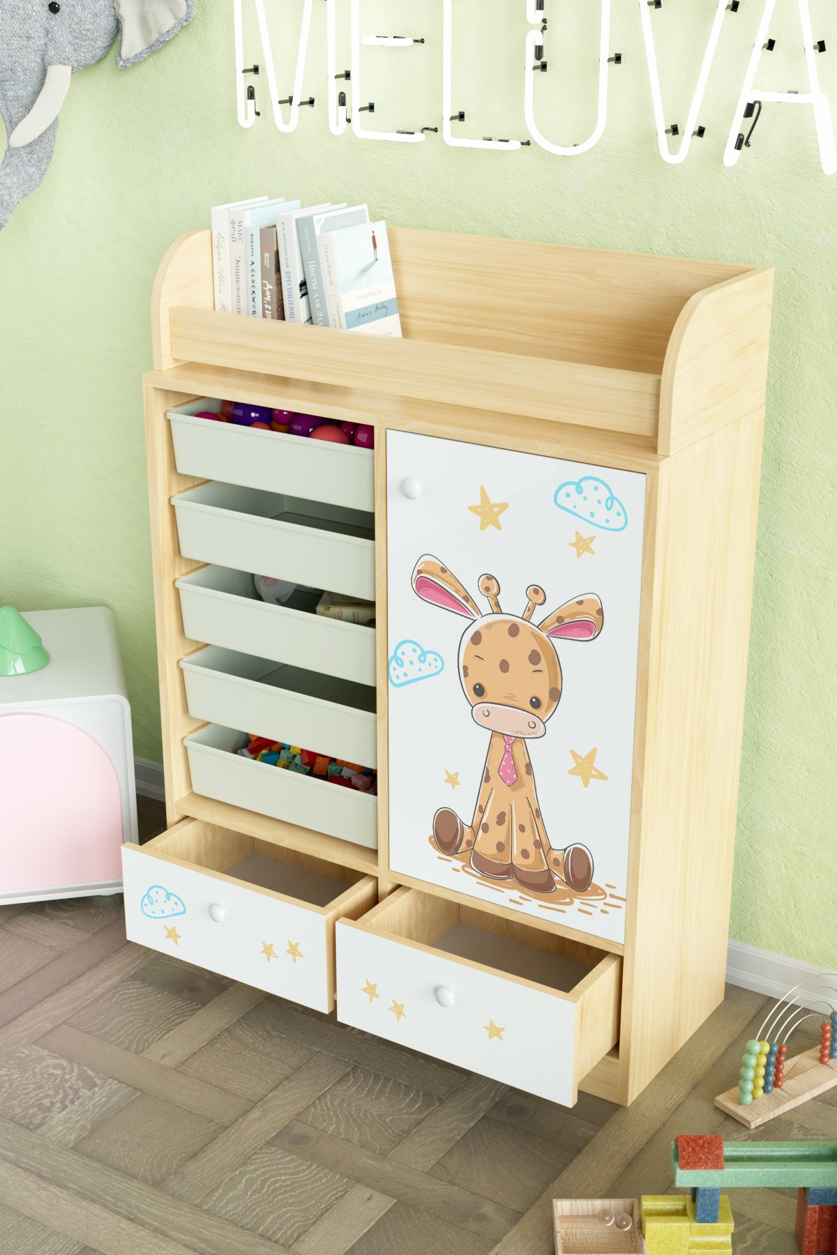 Bay Zürafa Design "Melova" 5 Sepetli 2 Çekmeceli Çok Amaçlı Oyuncak Dolabı