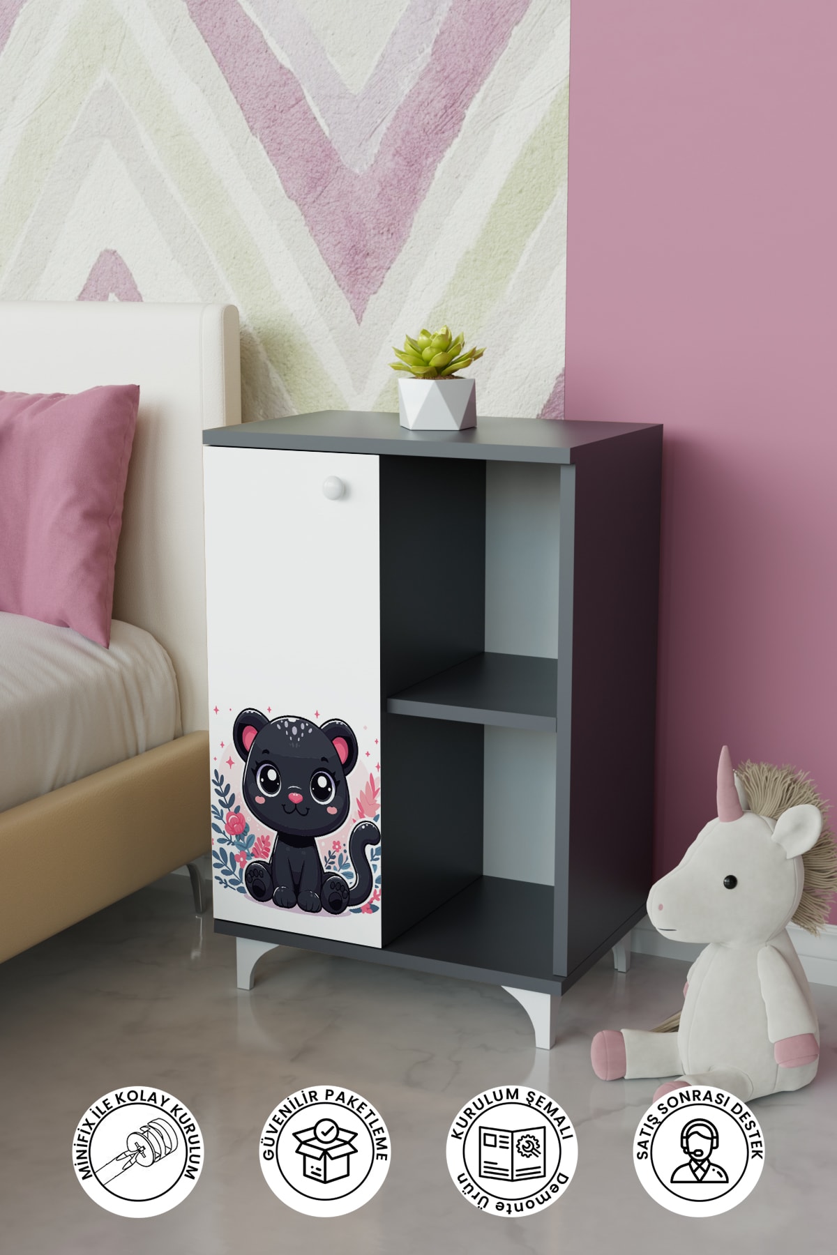 2 Raflı tek kapak Zeytin The Cat Çocuk Odası Çok Amaçlı Dolabı