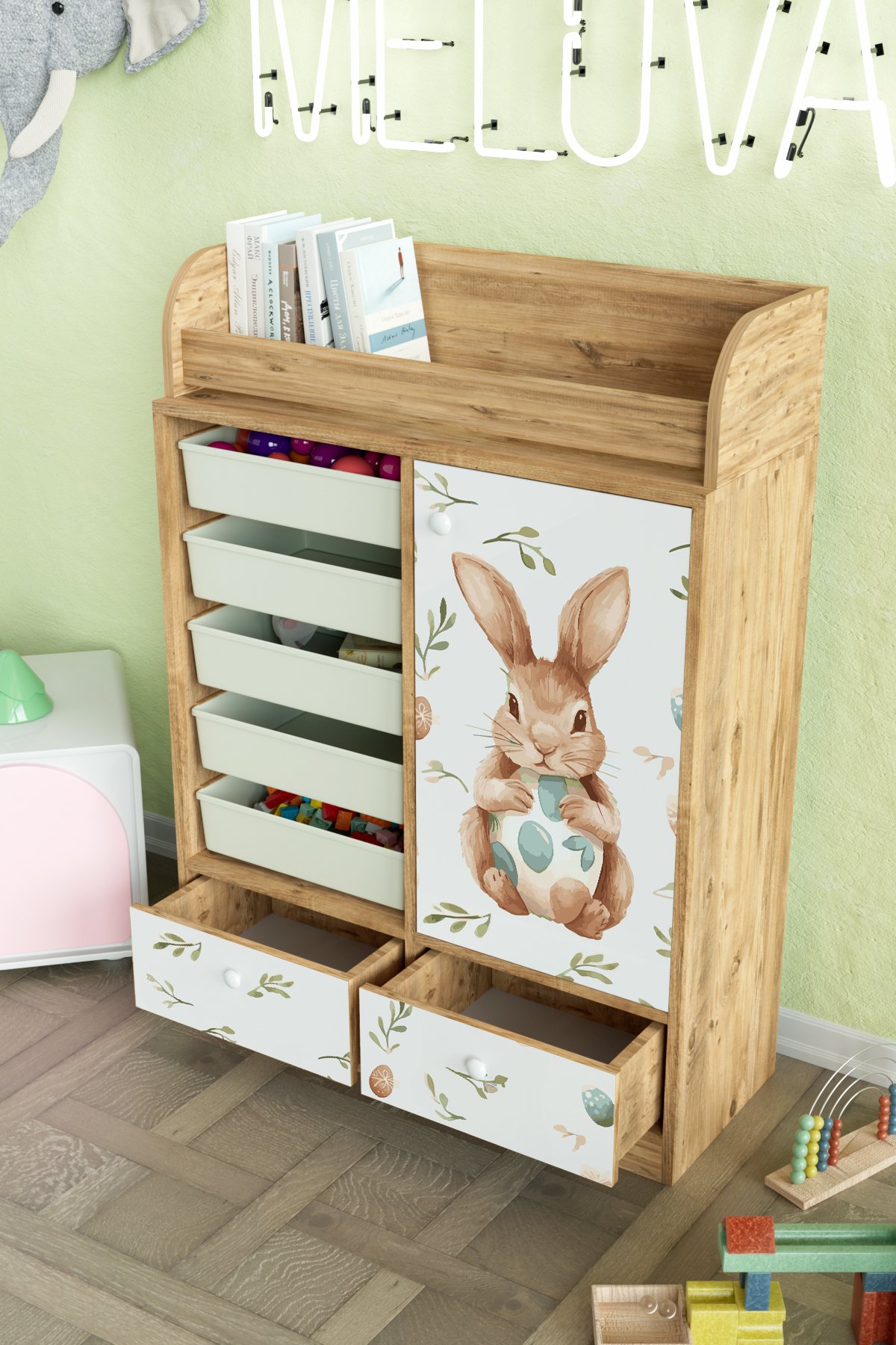 Pretty Rabit Design "Melova" 5 Sepetli 2 Çekmeceli Çok Amaçlı Oyuncak Dolabı