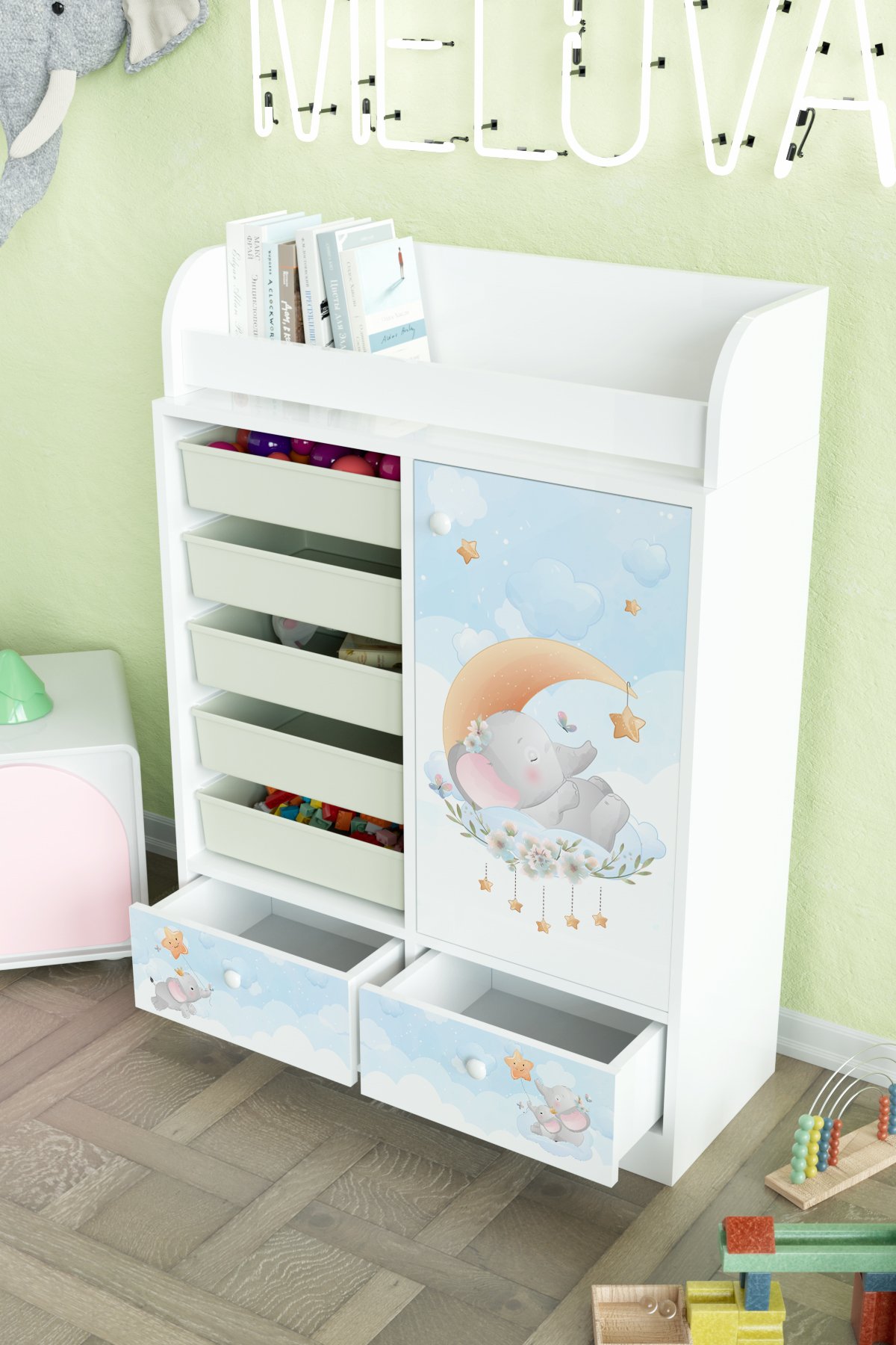 Minik Rüyacı Design "Melova" 5 Sepetli 2 Çekmeceli Çok Amaçlı Oyuncak Dolabı