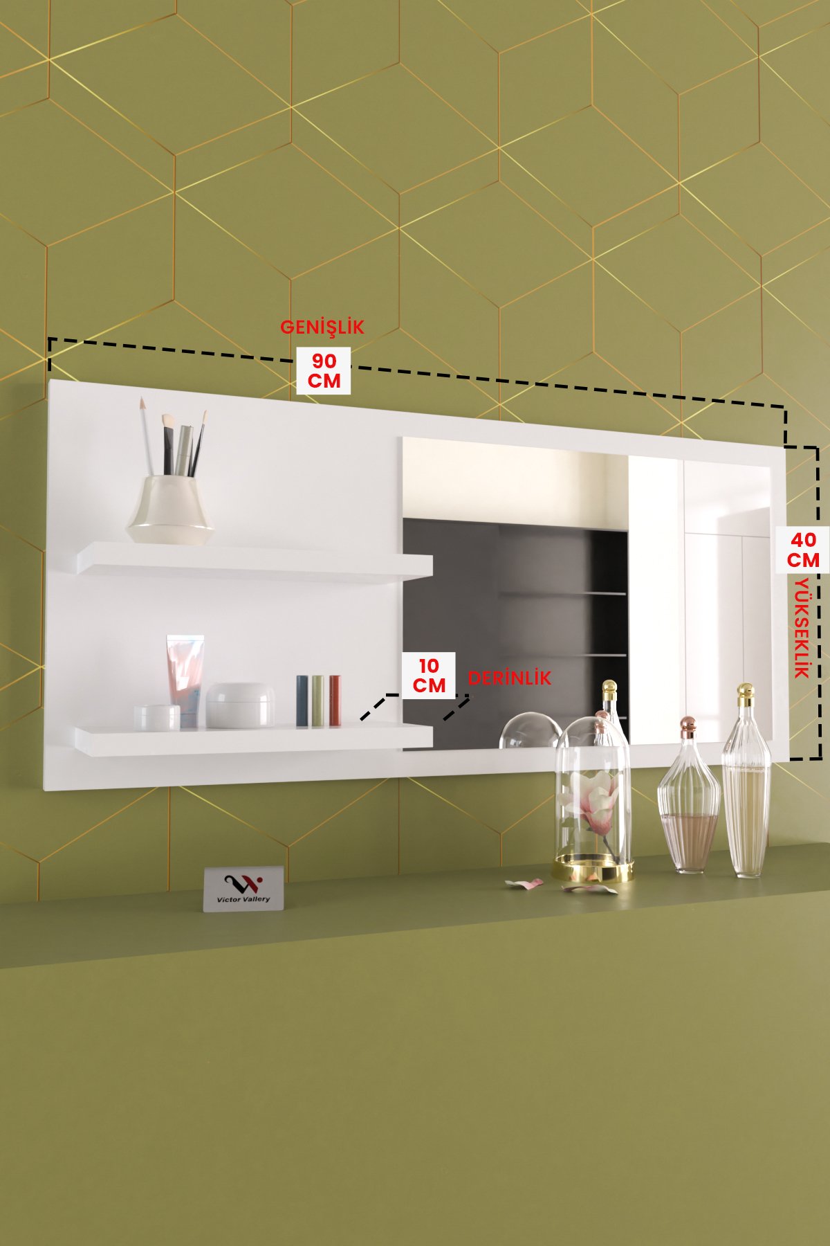2 Raflı Dekoratif Duvar Aynası Antre Hol Salon Banyo Ofis Aynası