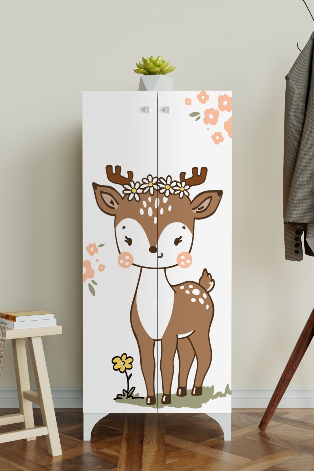 Little Fawn 3 Raflı Çocuk Odası Dolabı Çok Amaçlı Baskılı Oyuncak Dolabı