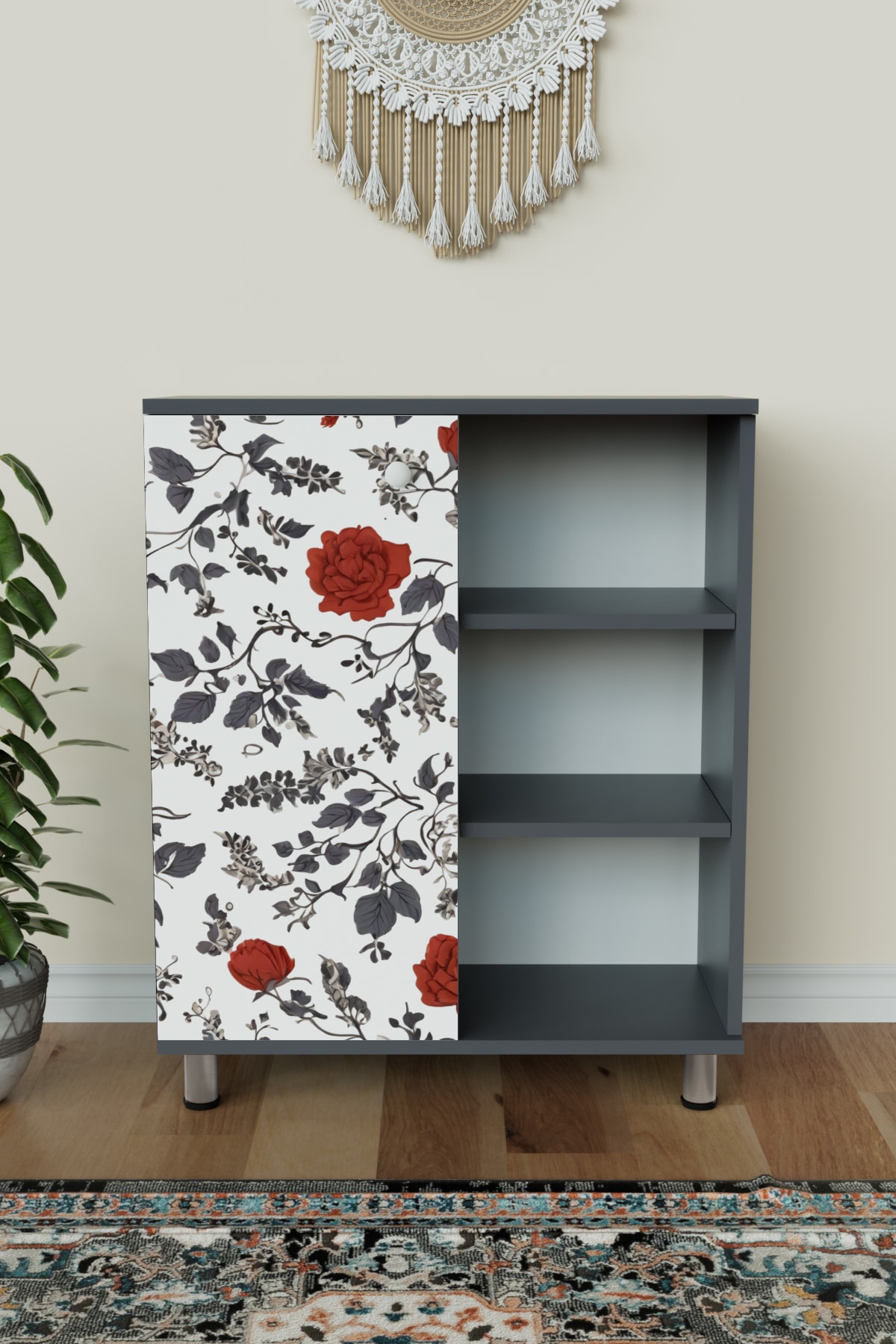 3 Raflı Tek Kapak Floral Çok Amaçlı Dolabı Mutfak Ofis Banyo Balkon Salon Dolabı