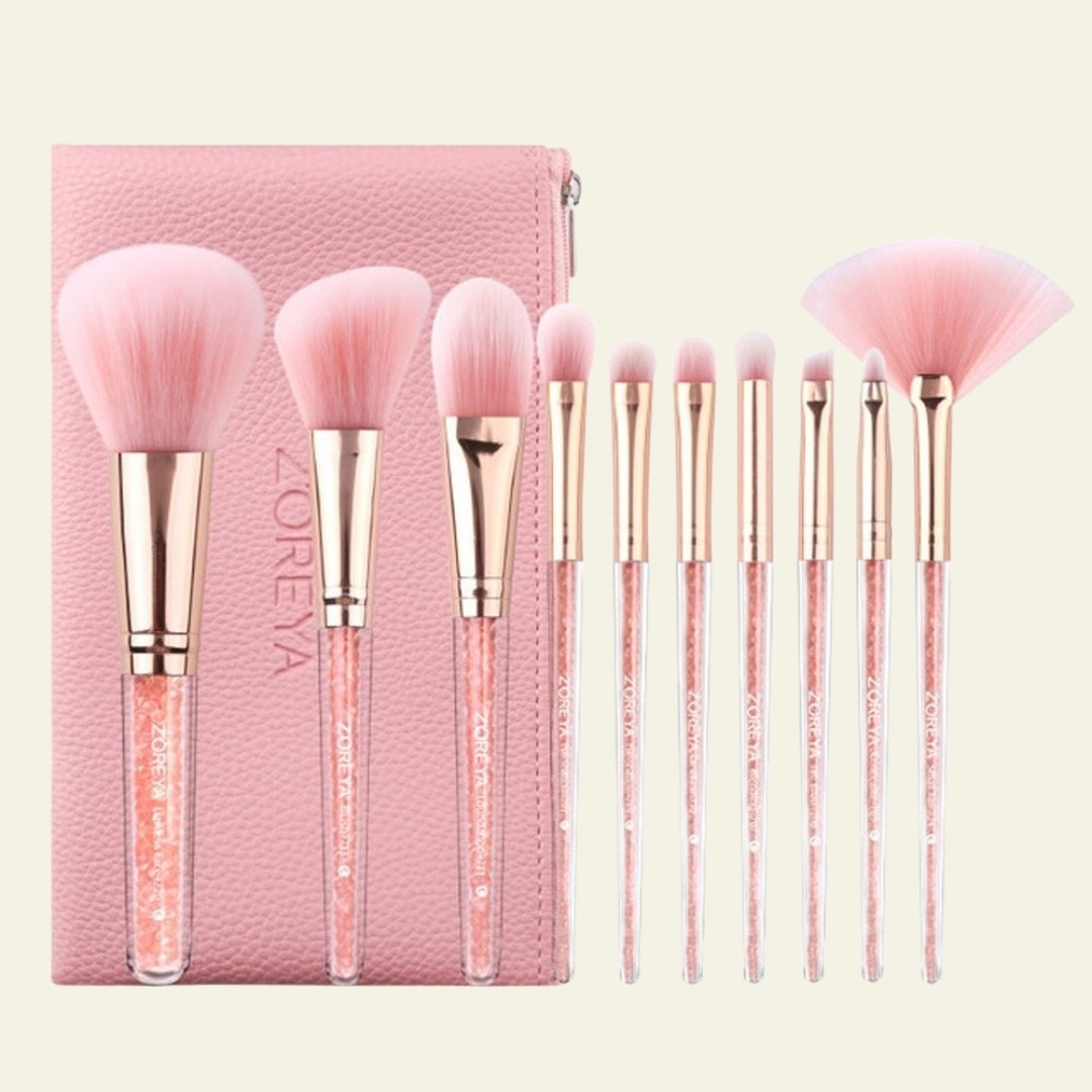 Yumuşak Pembe Makyaj Fırça Seti Pembe Deri Çanta