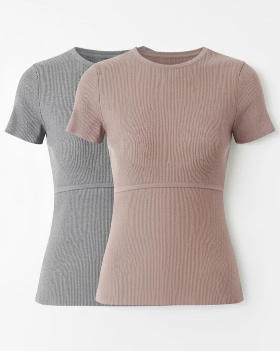 2'li Triko Emzirme Özellikli T-shirt - Pembe & Gri