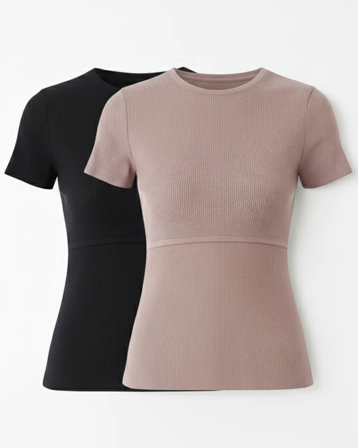 2'li Triko Emzirme Özellikli T-shirt - Pembe & Siyah