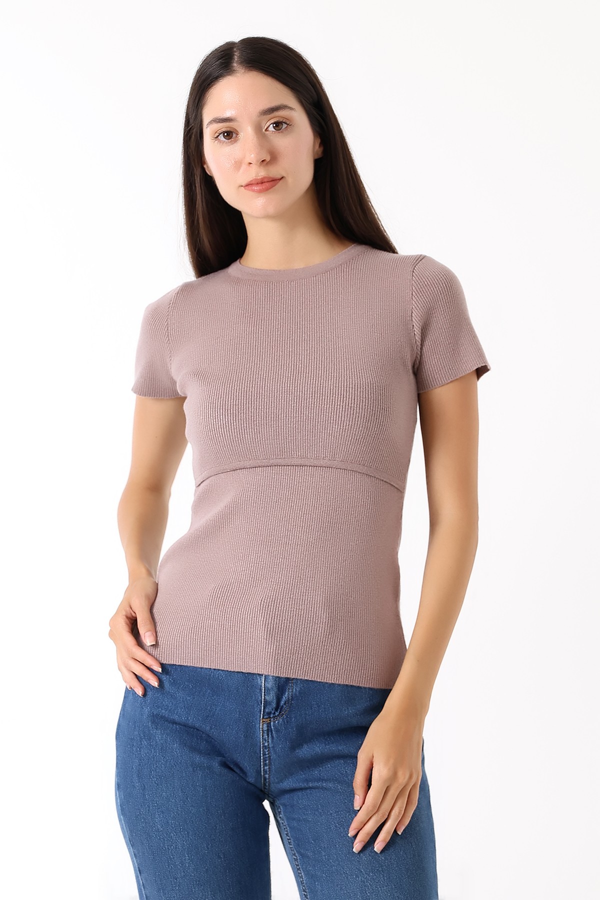 Triko Emzirme Özellikli T-shirt - Sisli Pembe