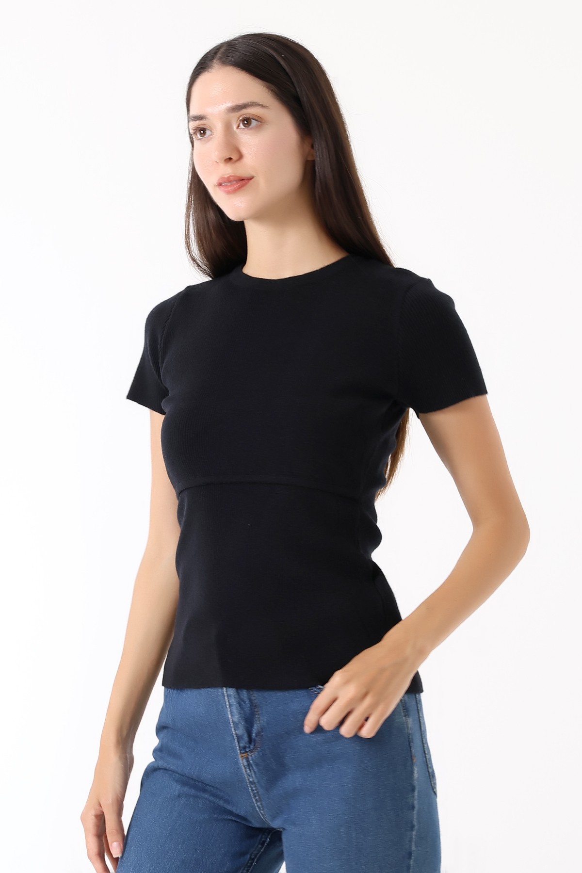 Triko Emzirme Özellikli T-shirt - Siyah