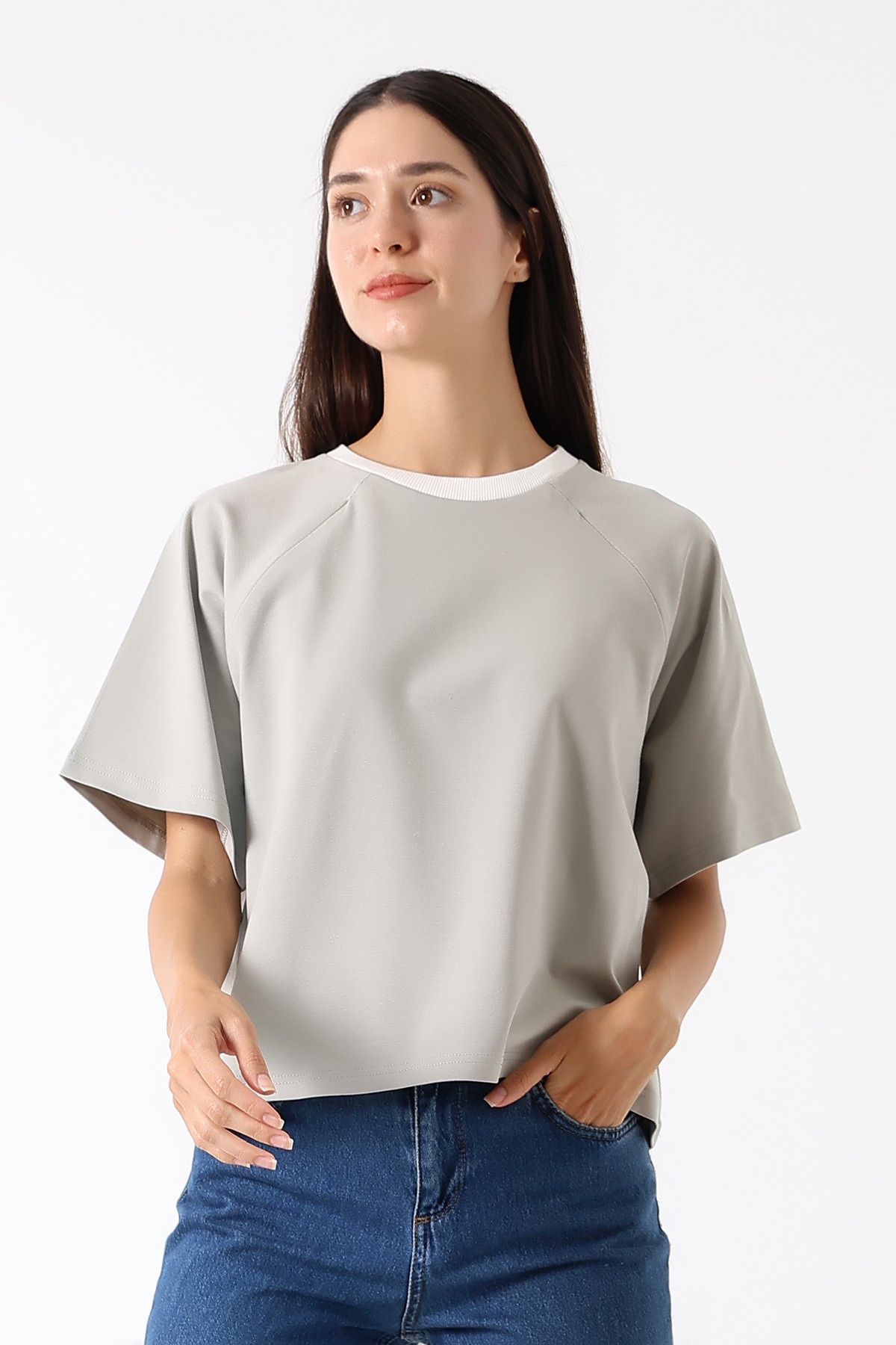 Zippe Raglan Tee – Fermuarlı Emzirme T-Shirt / Ada Gri