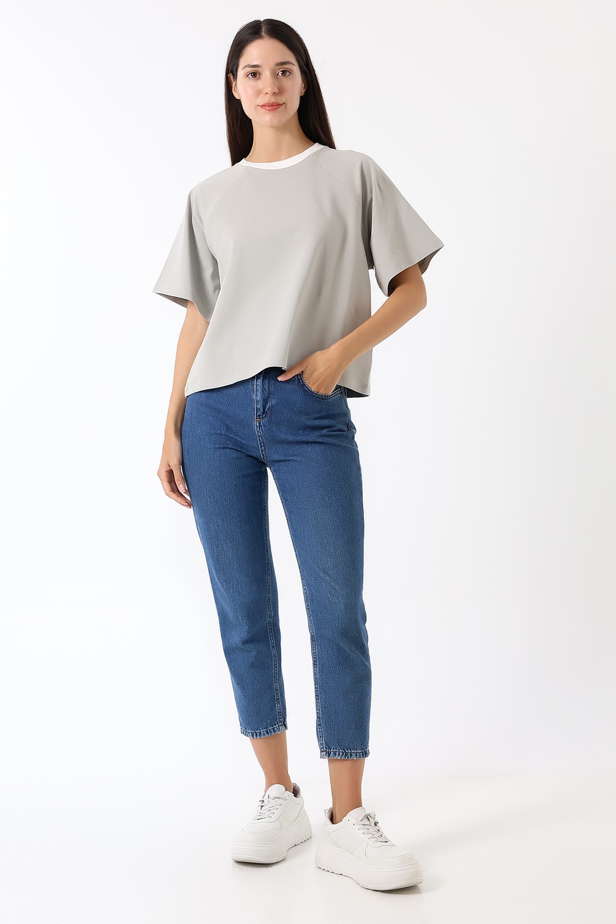 Zippe Raglan Tee – Fermuarlı Emzirme T-Shirt / Ada Gri