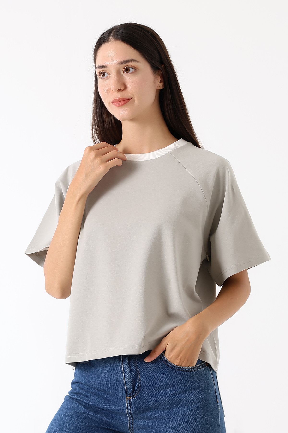 Zippe Raglan Tee – Fermuarlı Emzirme T-Shirt / Ada Gri