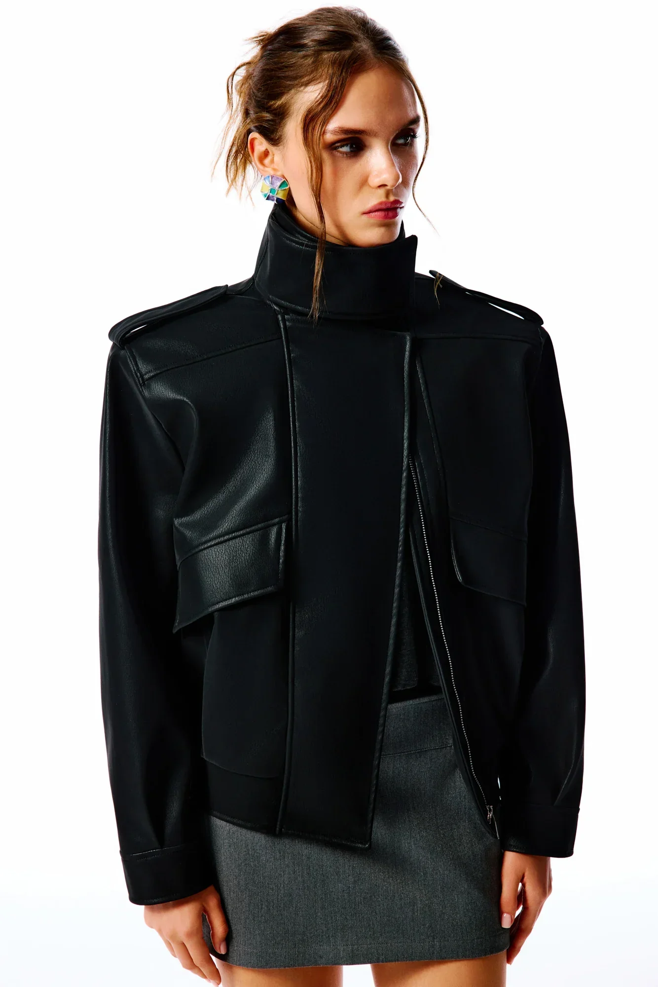 ARINA Süet Görünümlü Deri Ceket - Siyah