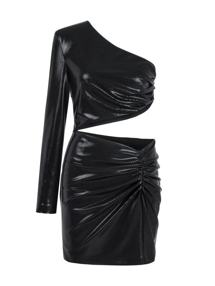 Tek Kollu Parlak Siyah Mini Elbise