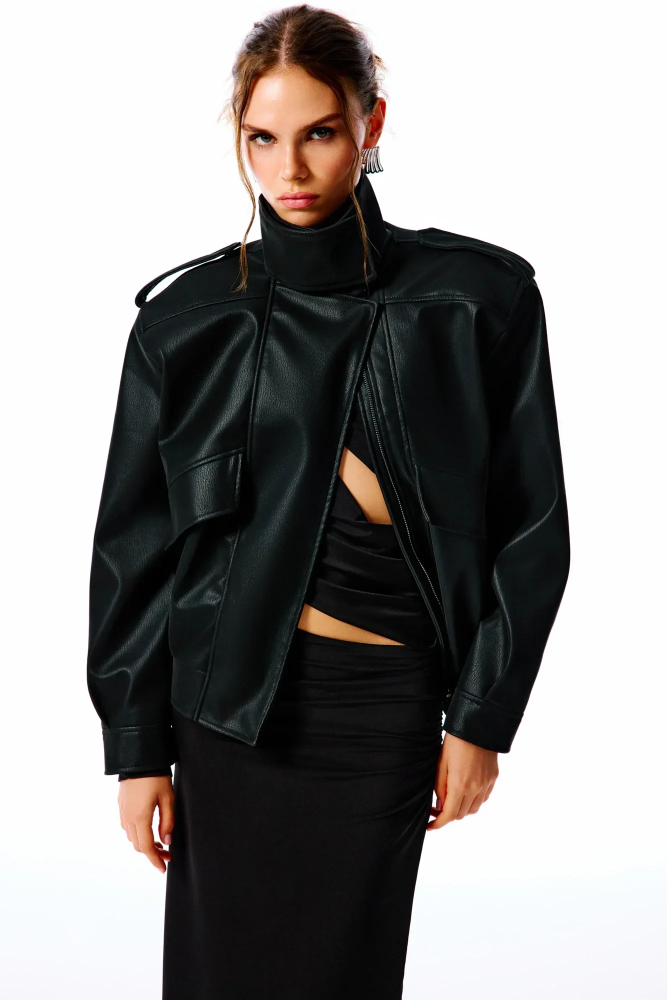 ARINA Süet Görünümlü Deri Ceket - Siyah