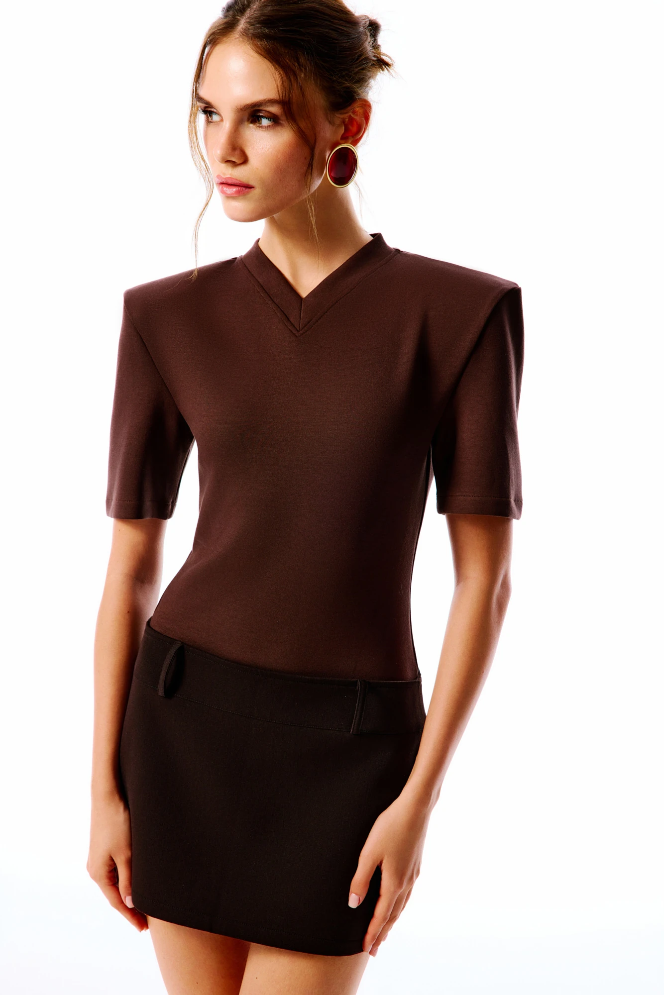 COLETTE V Yaka Bodysuit - Kahverengi