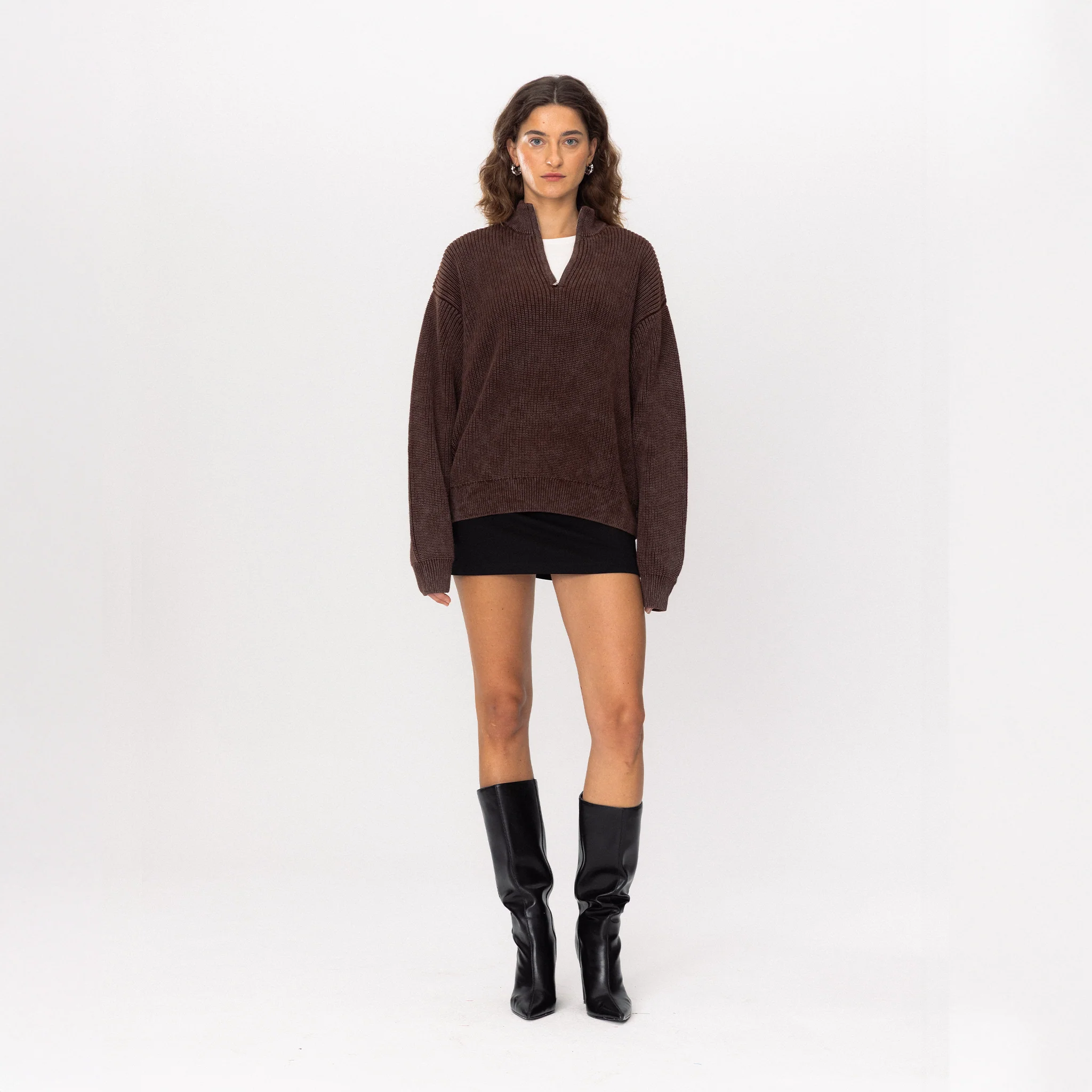 STBA Fermuarlı Triko Kazak - Kahverengi