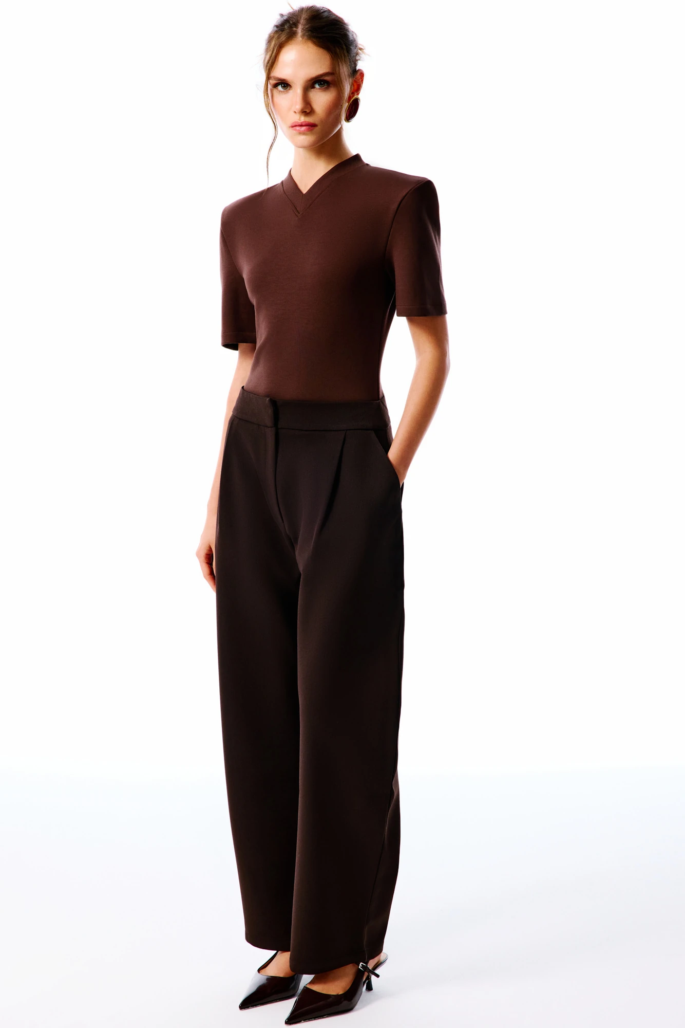 COLETTE V Yaka Bodysuit - Kahverengi