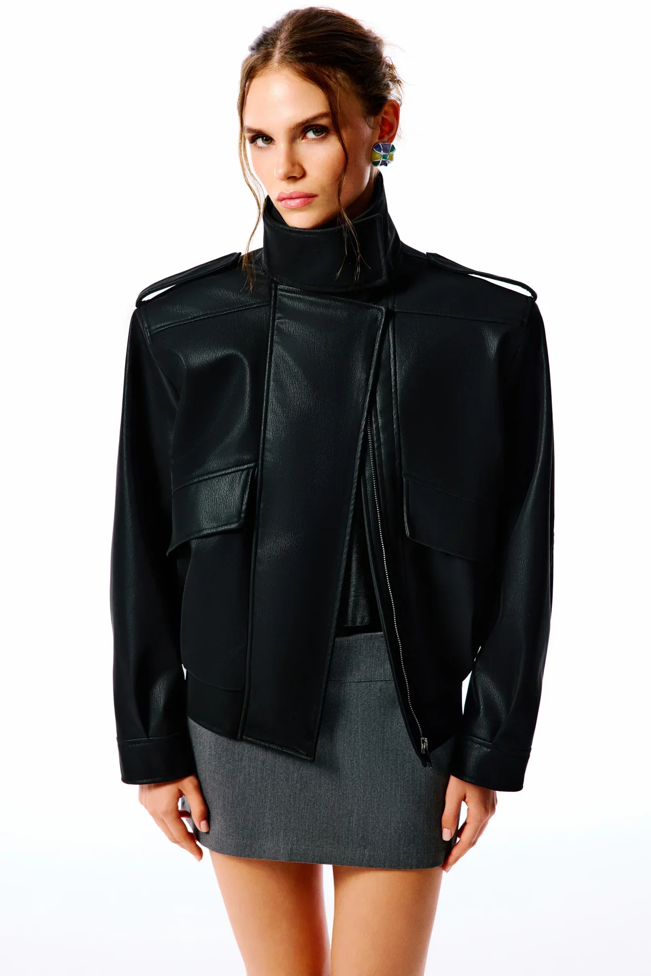 ARINA Süet Görünümlü Deri Ceket - Siyah