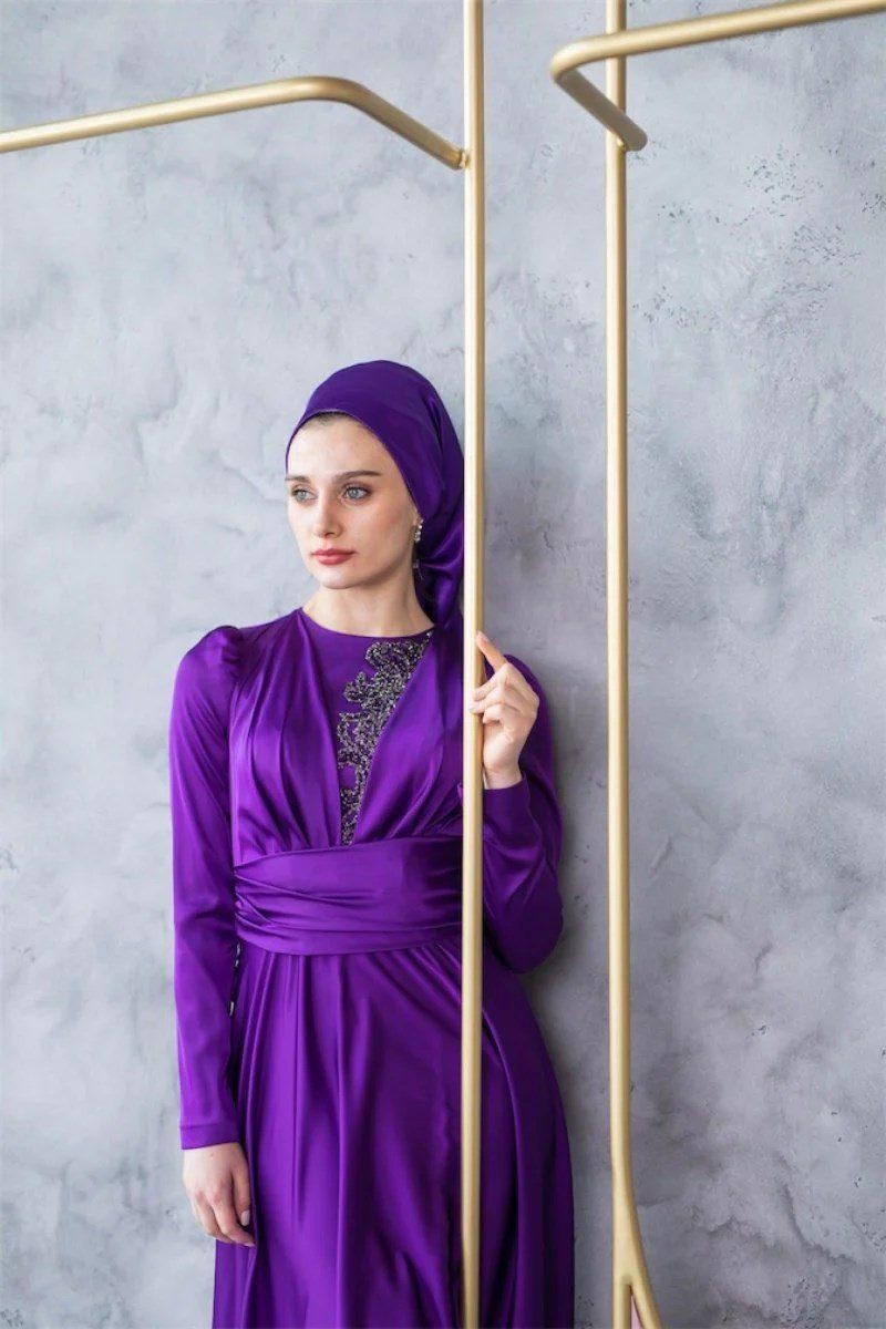 Silk Hijab Evening Dress - Purple