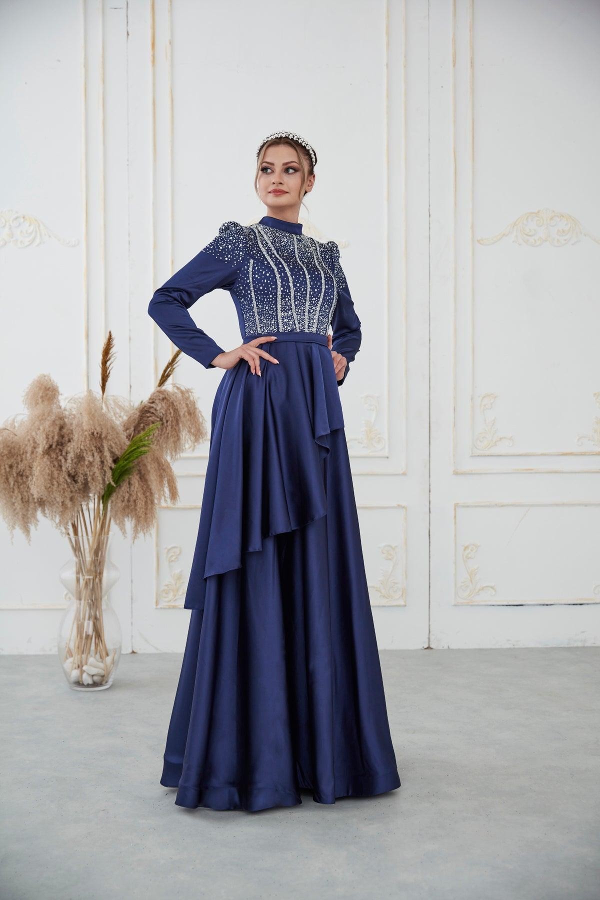 Fiona Hijab Evening Dress - Navy Blue