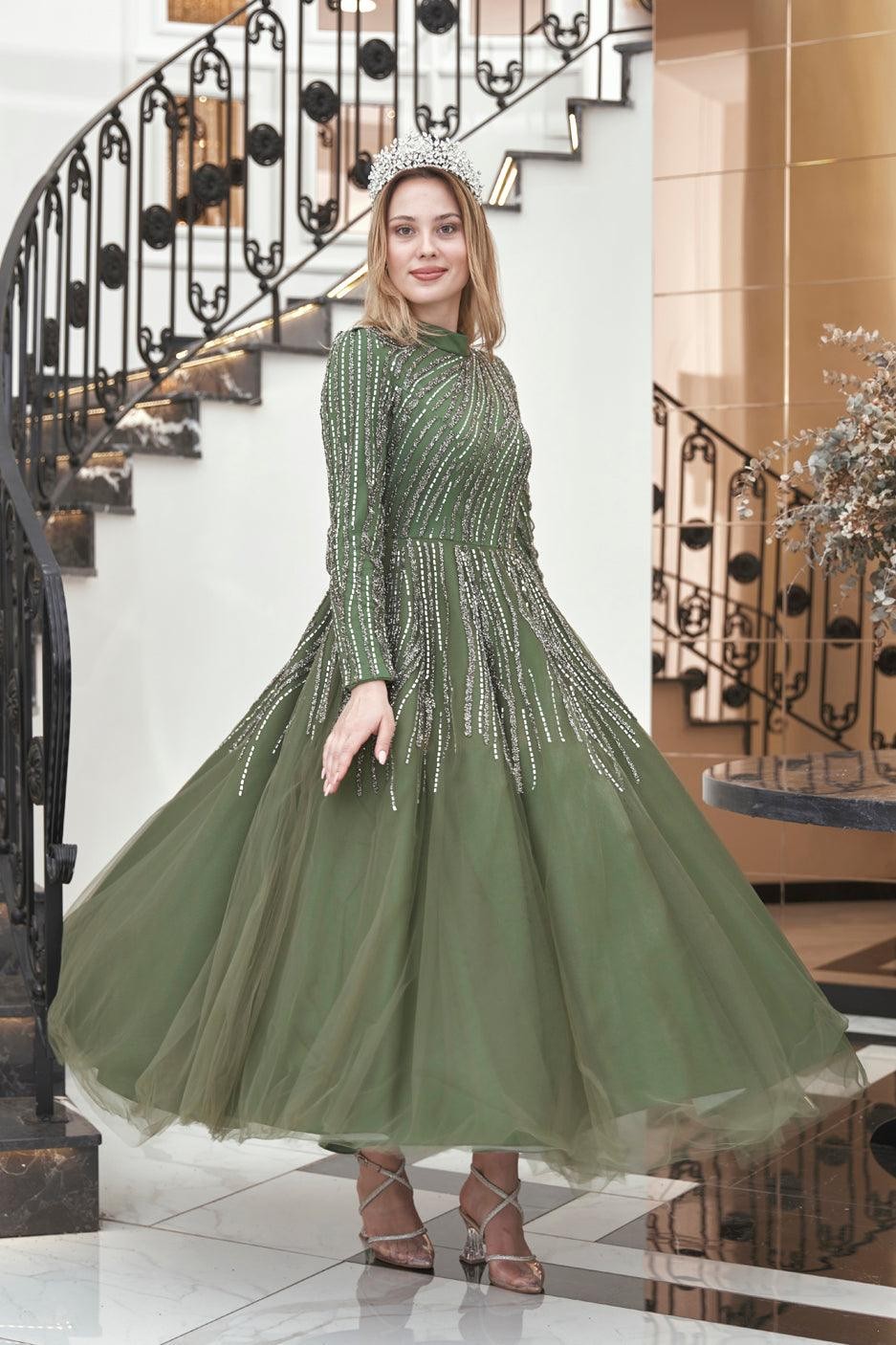 Anna Midi Stoned Hijab Evening Dress Khaki