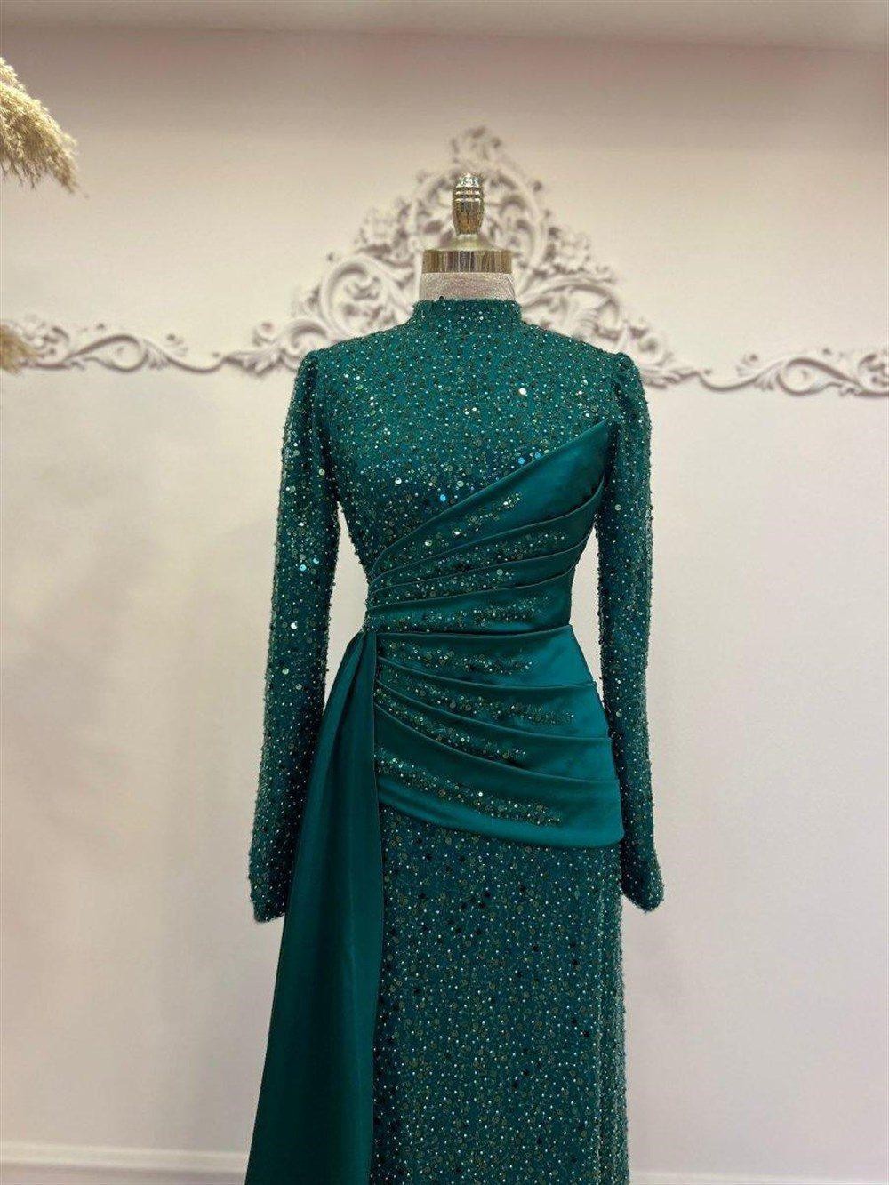 Draped Hijab Evening Dress - Emerald