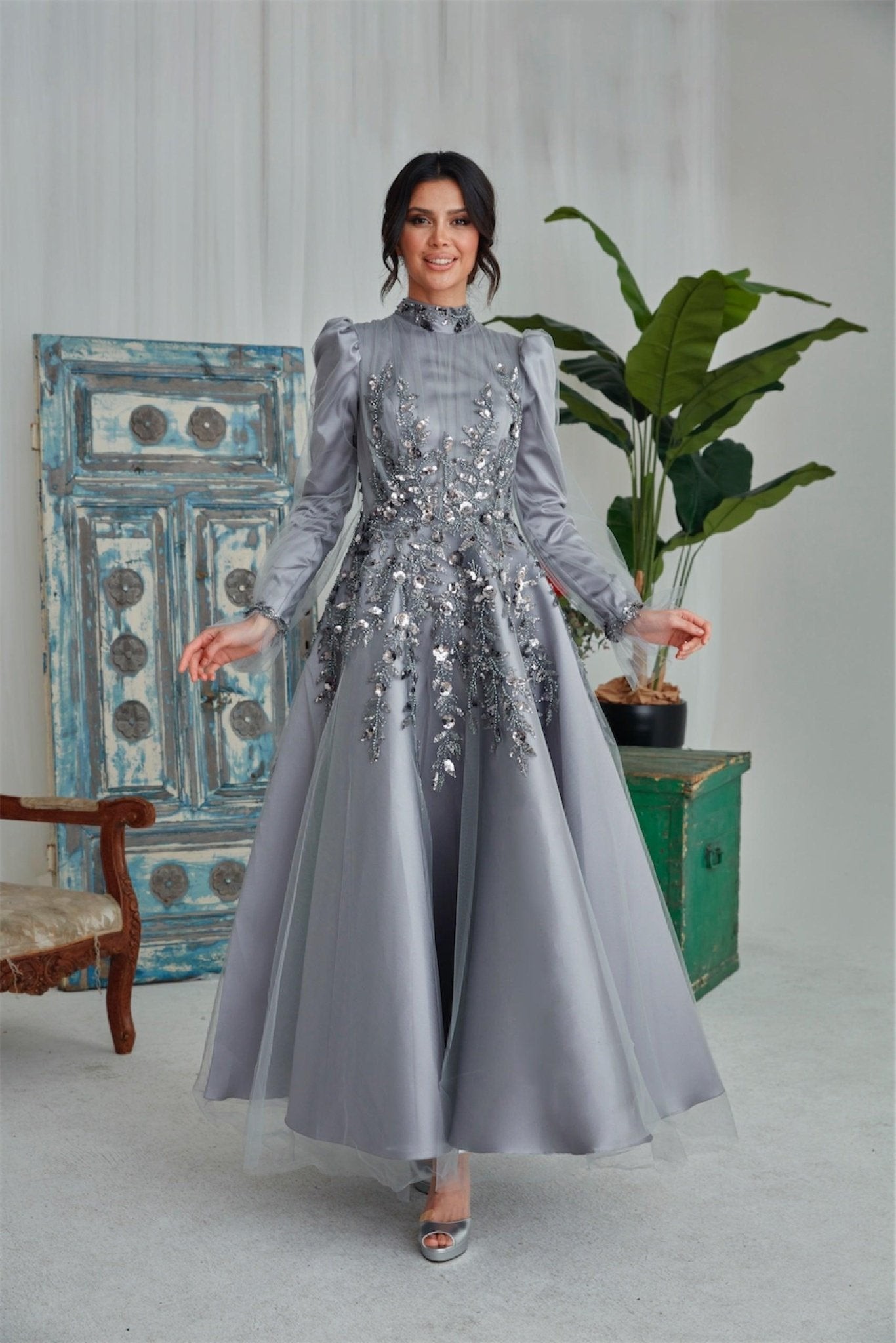 Butterfly Hijab Evening Dress - Gray