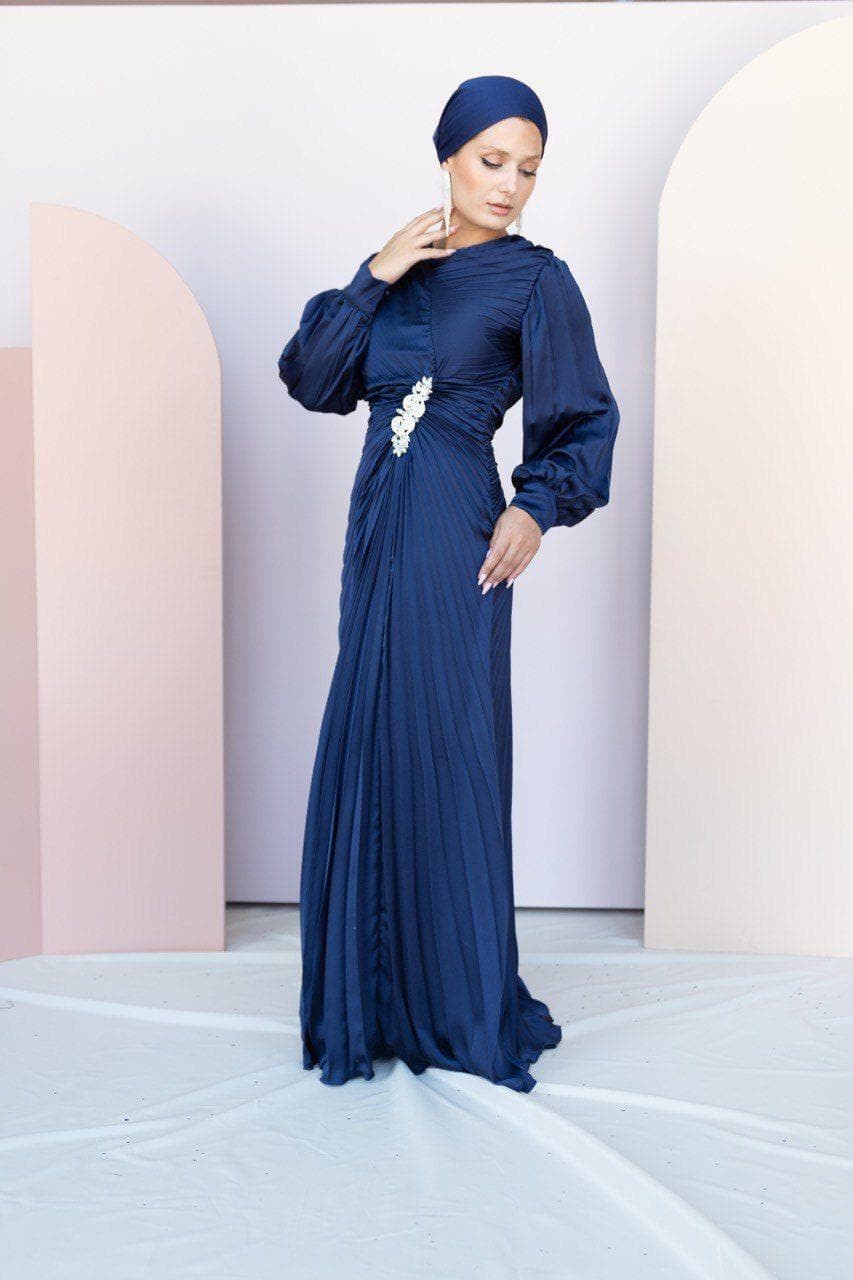 Pilise Hijab Evening Dress with Stone Waist - Navy Blue