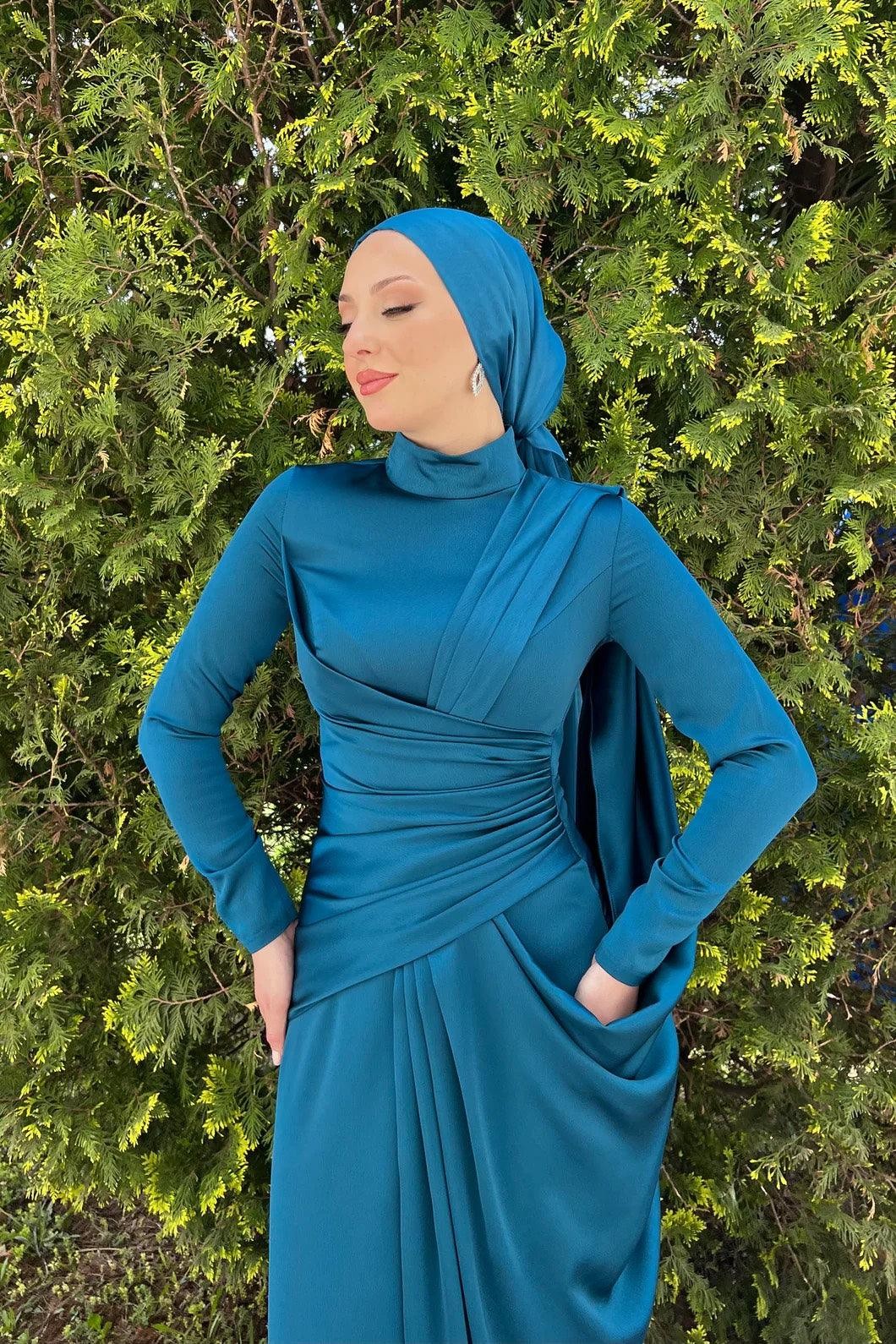 Hercai Hijab Evening Dress - Petrol