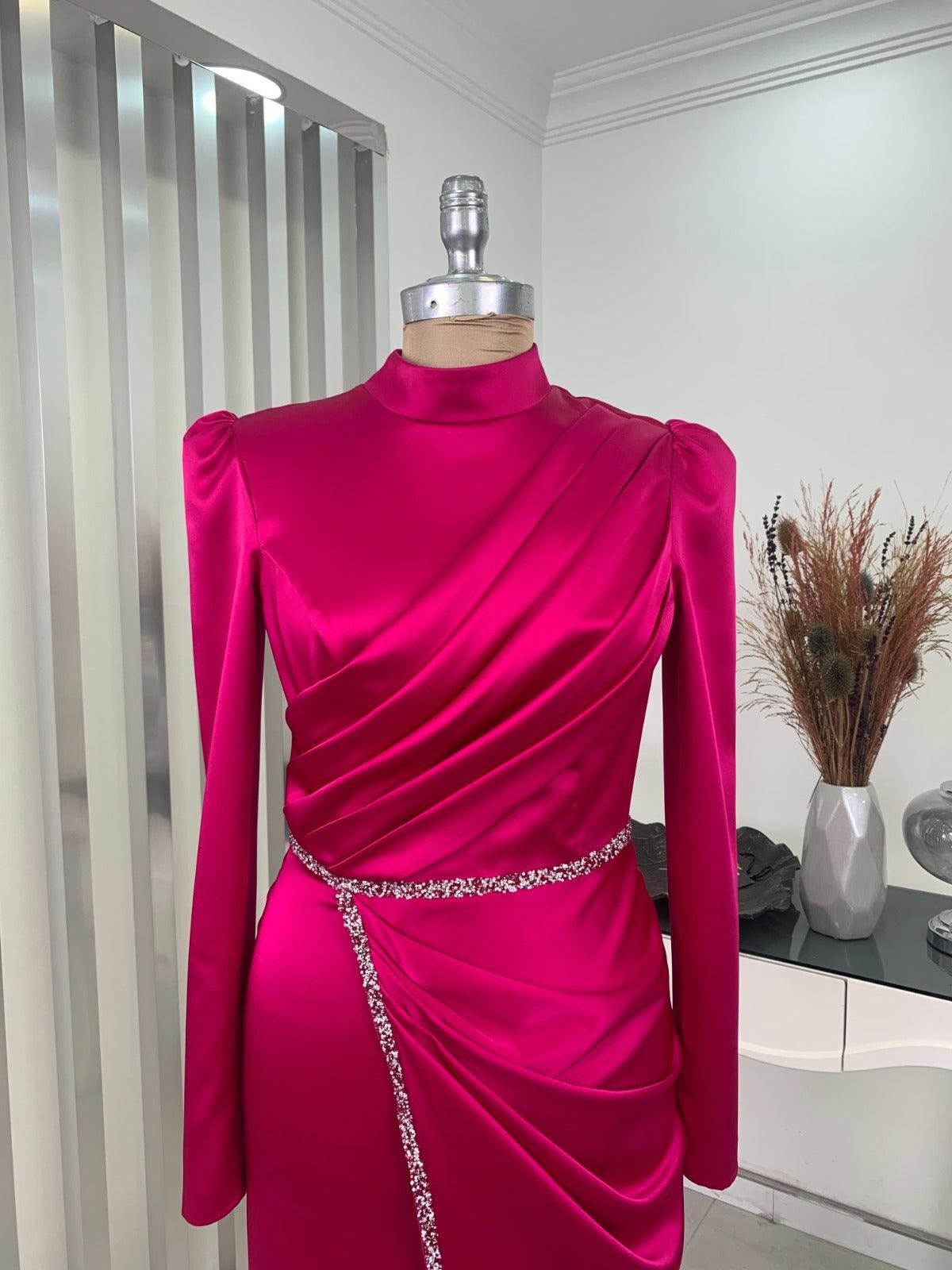 Elif Satin Hijab Evening Dress - Fuchsia