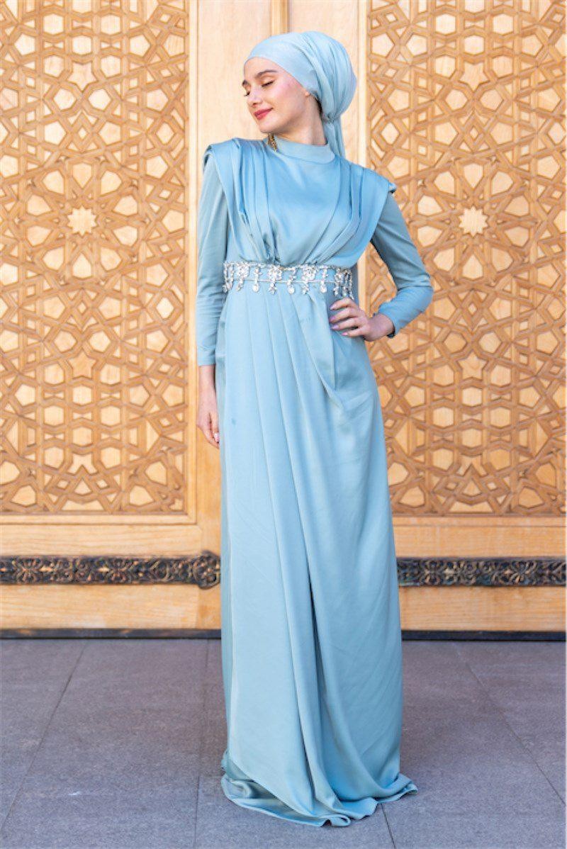 Stone Waist Hijab Evening Dress - Mint