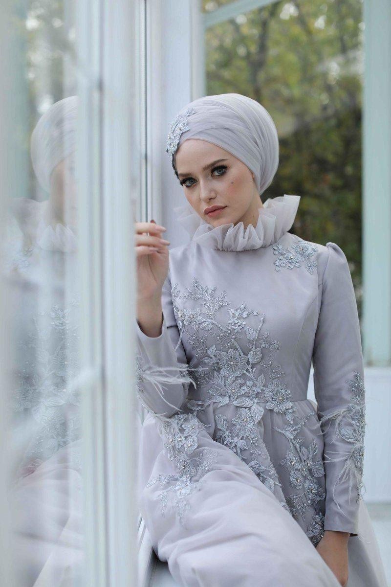 Nevra Hijab Evening Dress - Gray