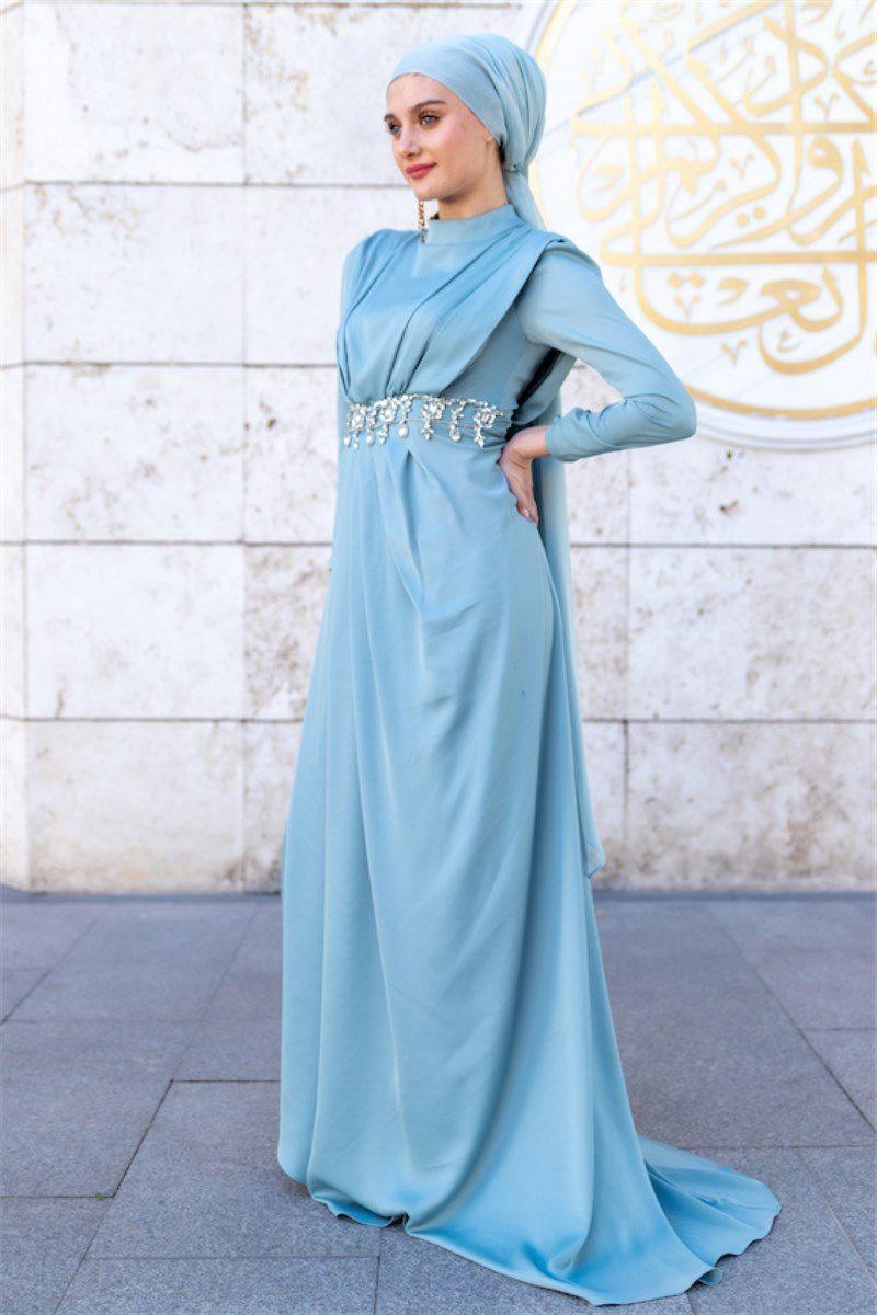 Stone Waist Hijab Evening Dress - Mint