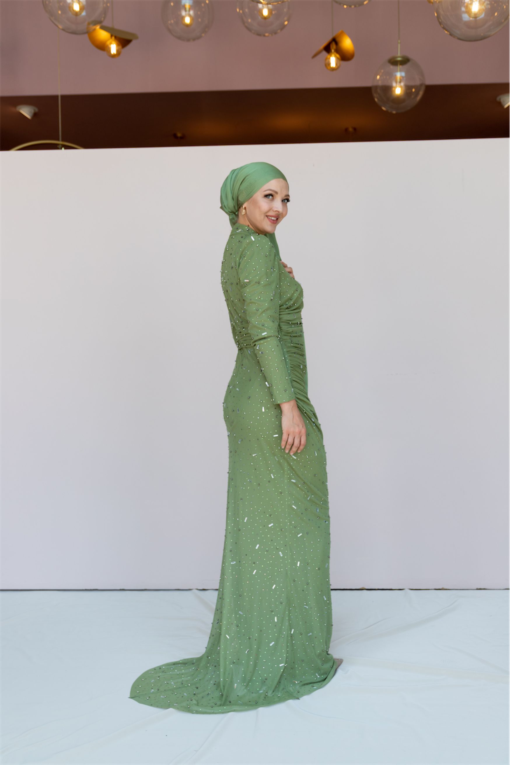 Stone Hijab Evening Dress - Black - Green