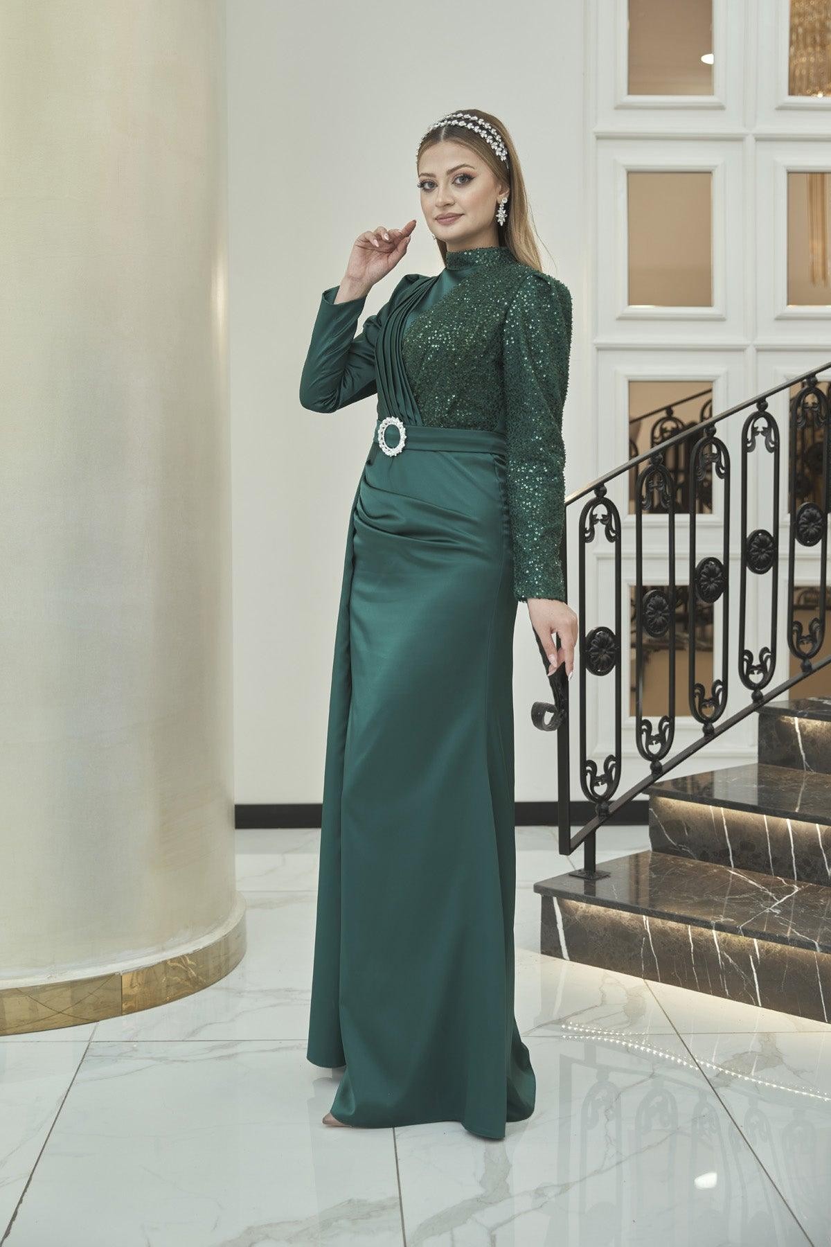 Silk Hijab Evening Dress - Emerald