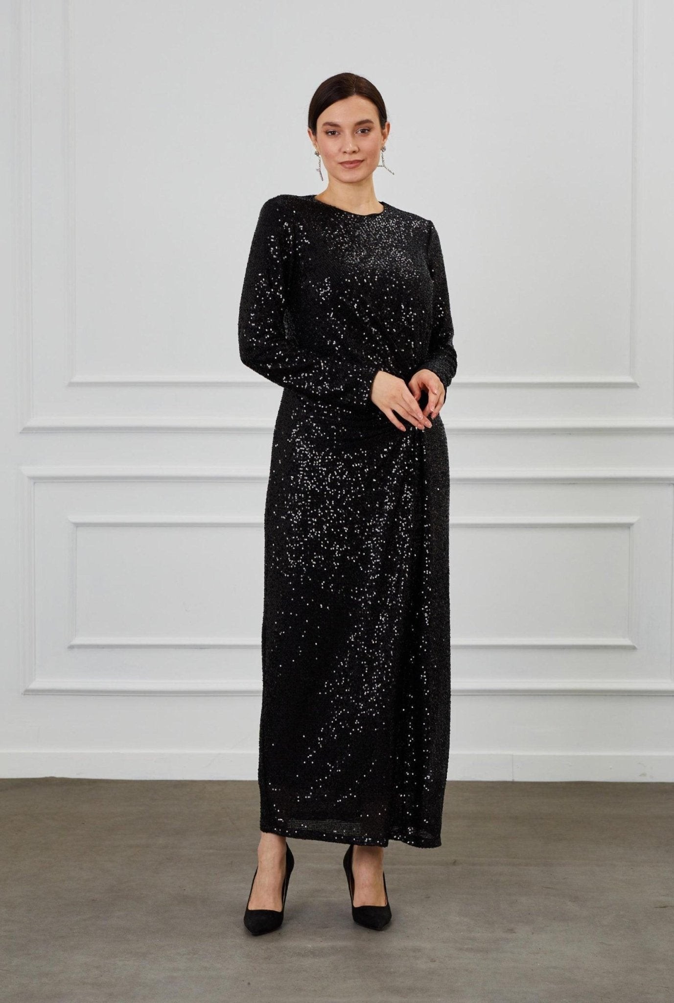 Black Sequined Gather Detail Hijab Dress