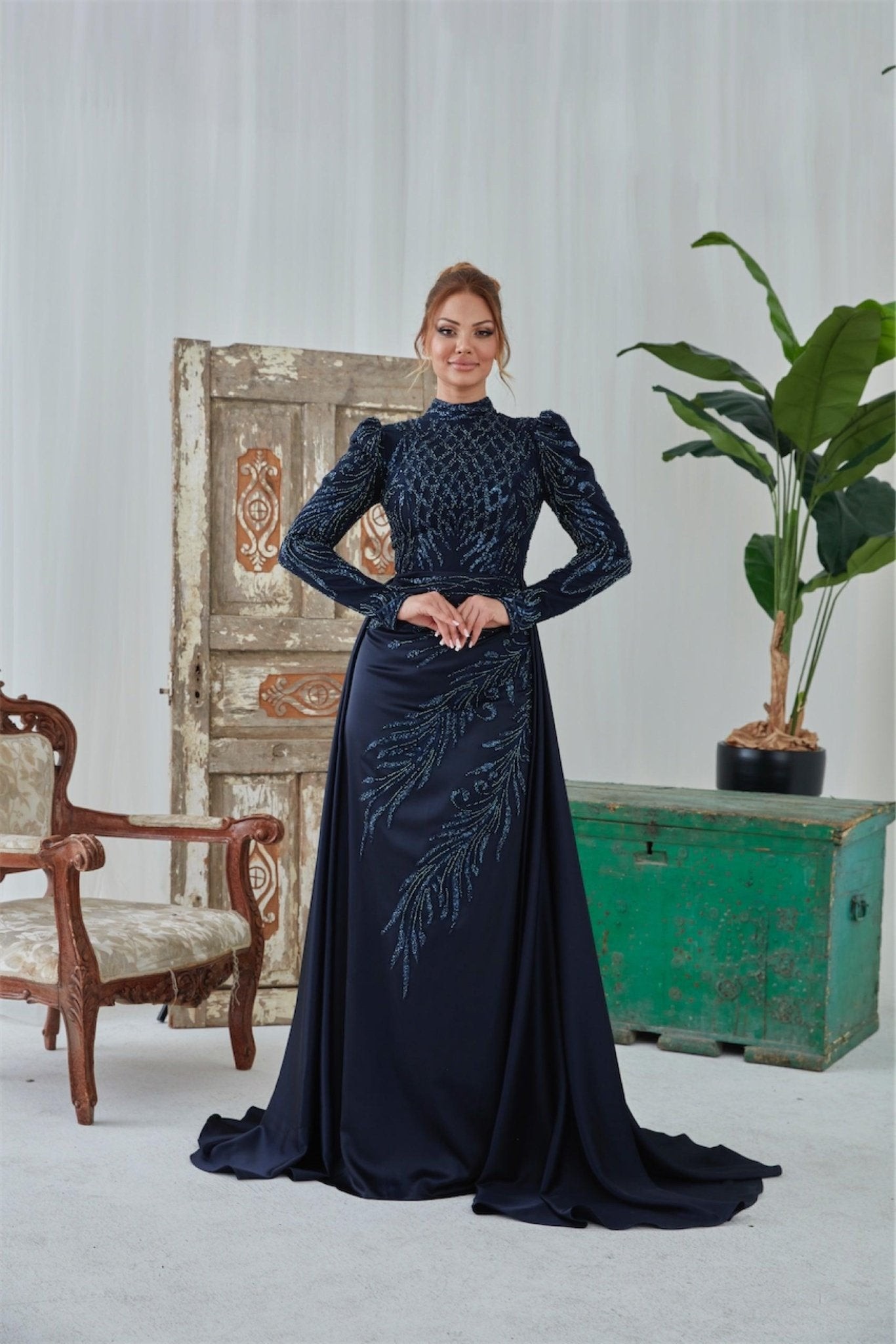 Darla Hijab Evening Dress - Navy Blue