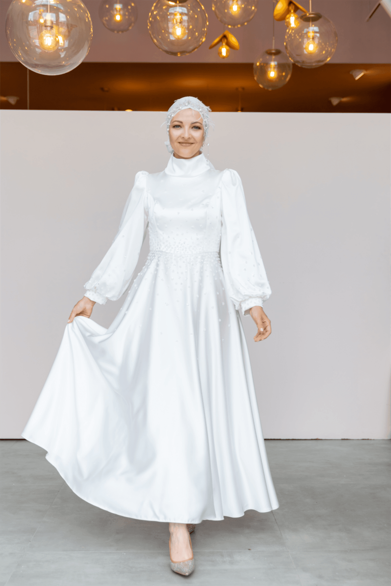 Neck Hijab Evening Dress - White - White