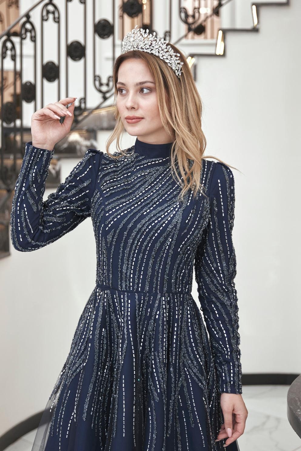 Anna Midi Stoned Hijab Evening Dress Navy Blue