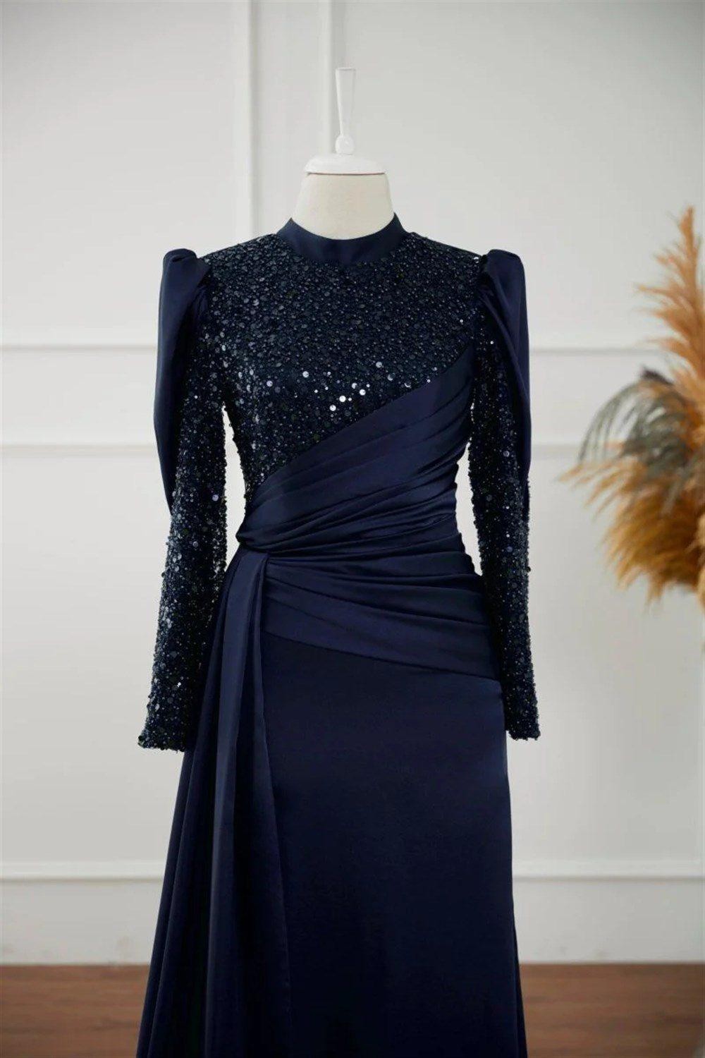 Karel Hijab Evening Dress - Navy Blue